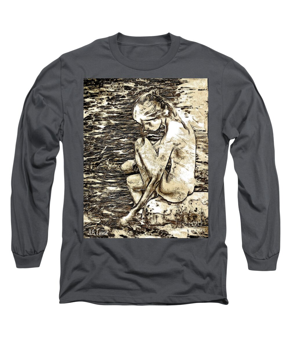 Lake Long Sleeve T-Shirt featuring the digital art Lady at the Lake by Humphrey Isselt