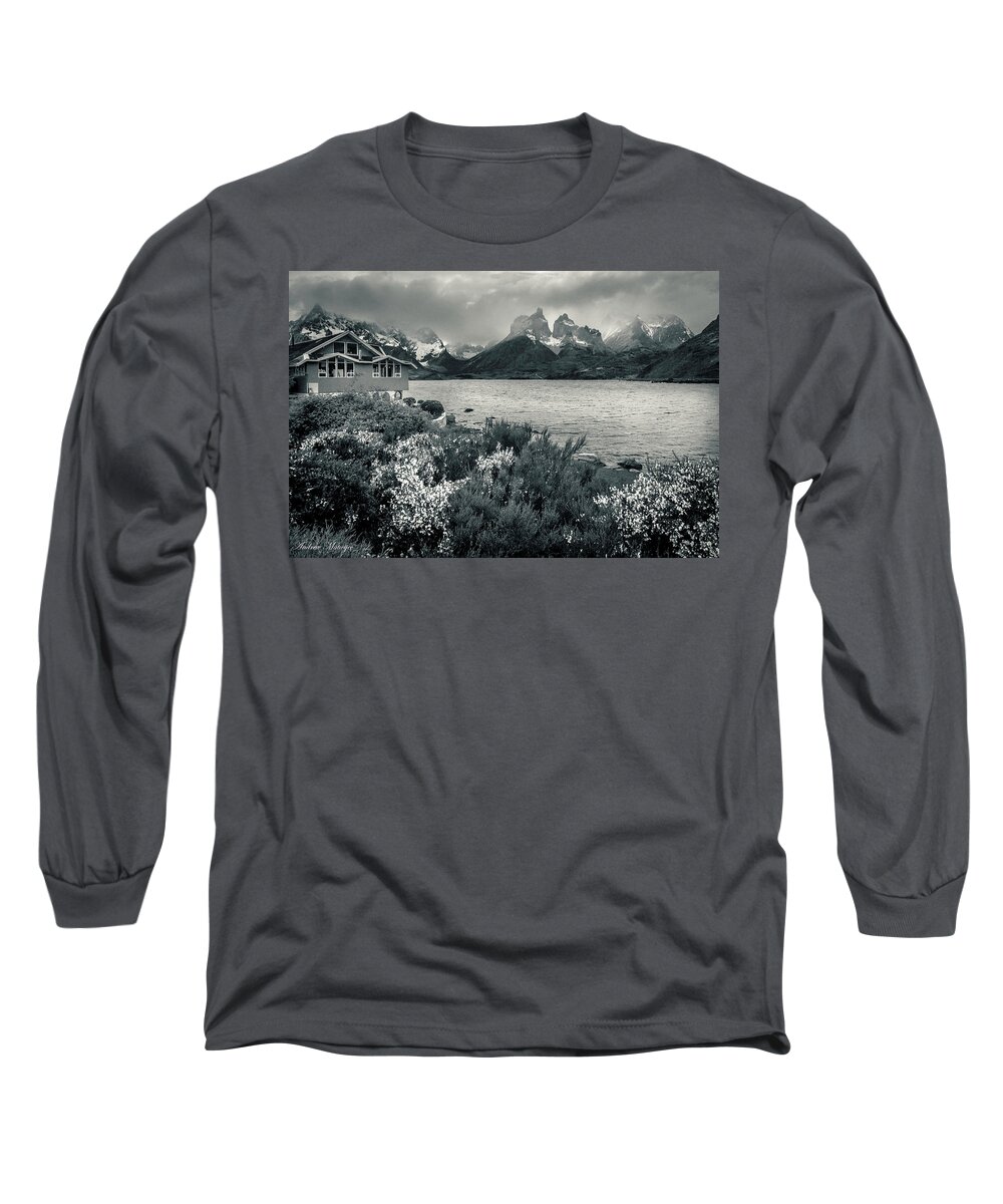 Lake Long Sleeve T-Shirt featuring the photograph Lake Pehoe in Black and White by Andrew Matwijec