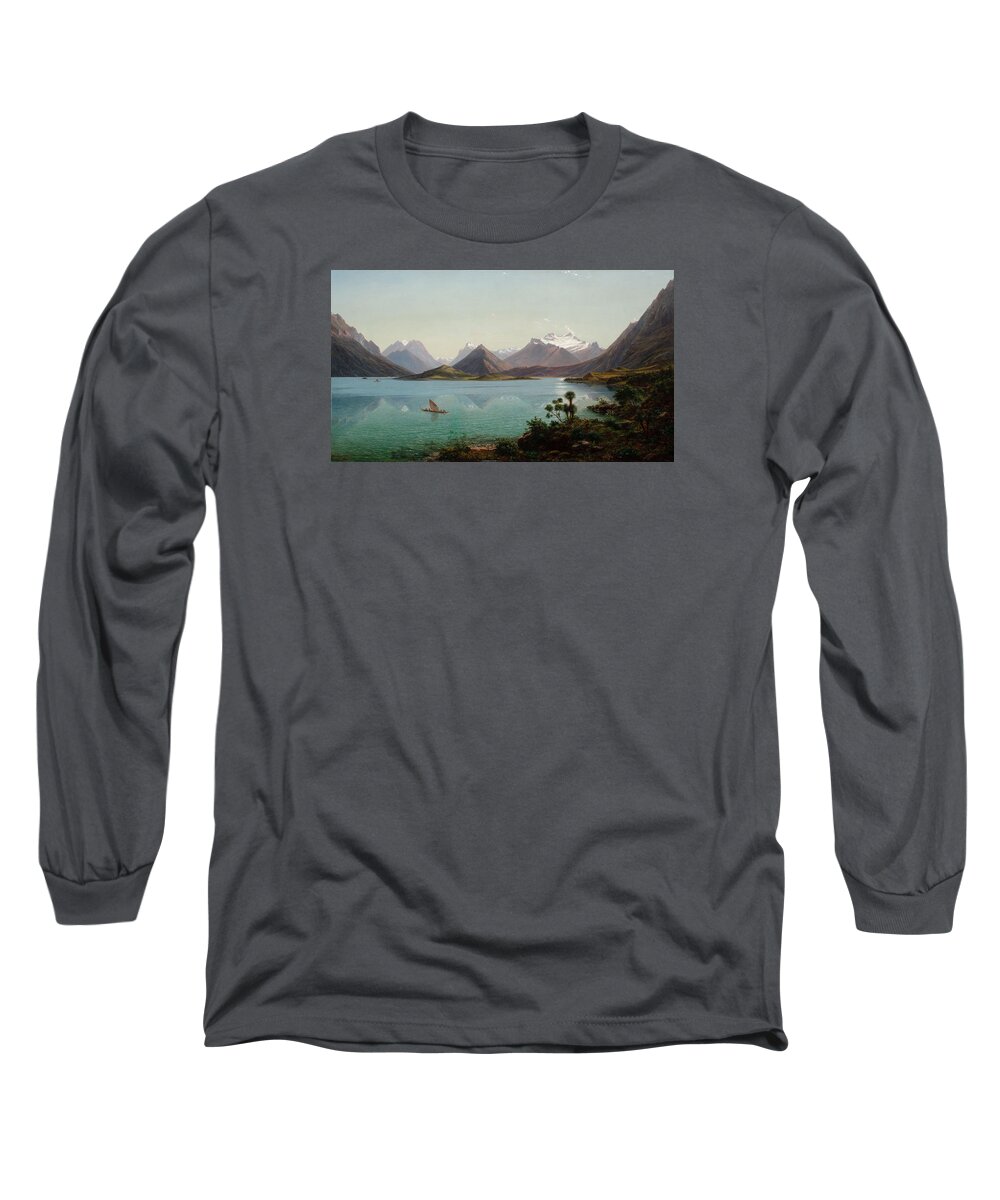 Eugene Von Guerard Long Sleeve T-Shirt featuring the painting Lake Wakatipu with Mount Earnslaw. Middle Island New Zealand by Eugene von Guerard