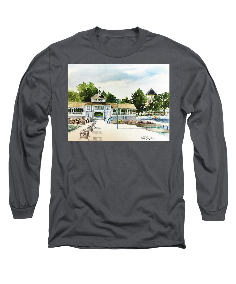 Lakeside Long Sleeve T-Shirt featuring the painting Lakeside Dock and Pavilion by Maryann Boysen