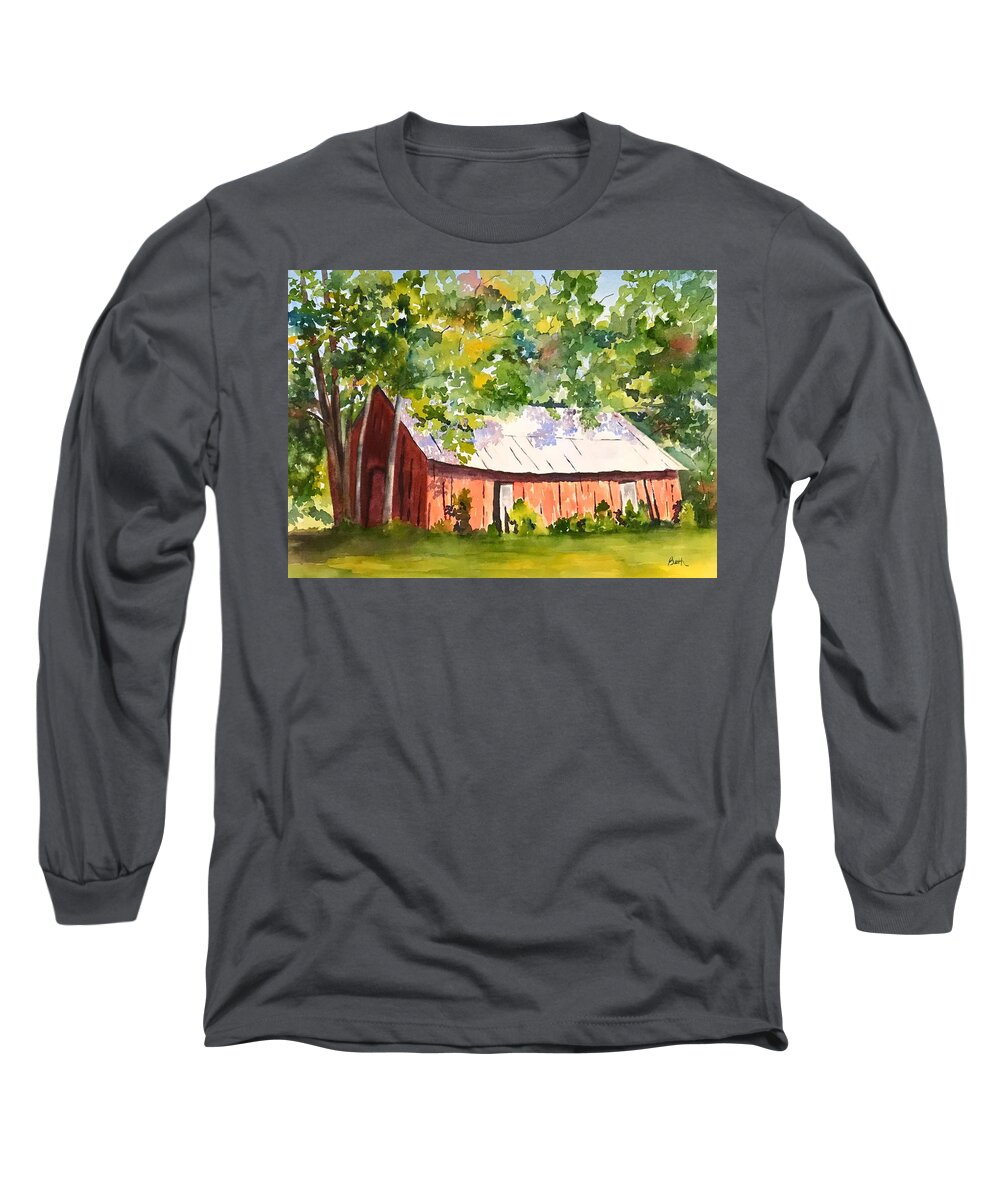 Red Long Sleeve T-Shirt featuring the painting Landmark Red Smokehouse by Beth Fontenot