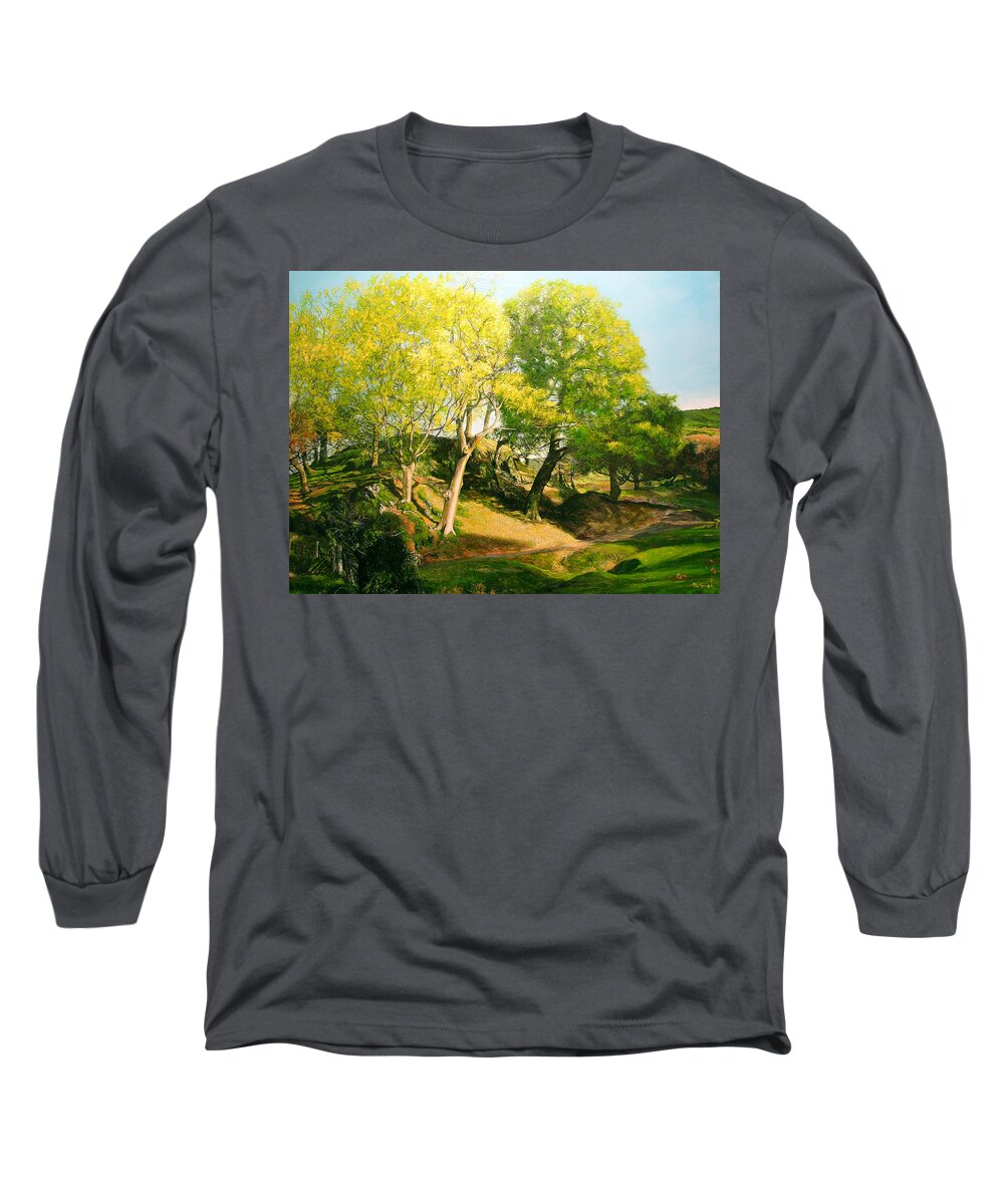 Landscape Long Sleeve T-Shirt featuring the painting Landscape with Trees in Wales by Harry Robertson