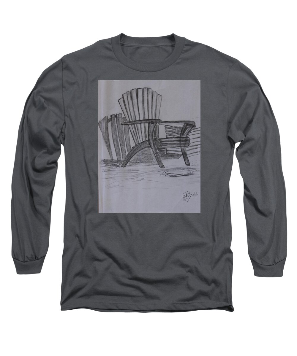 Large Long Sleeve T-Shirt featuring the drawing Large Chair on the Lawn by Roger Cummiskey