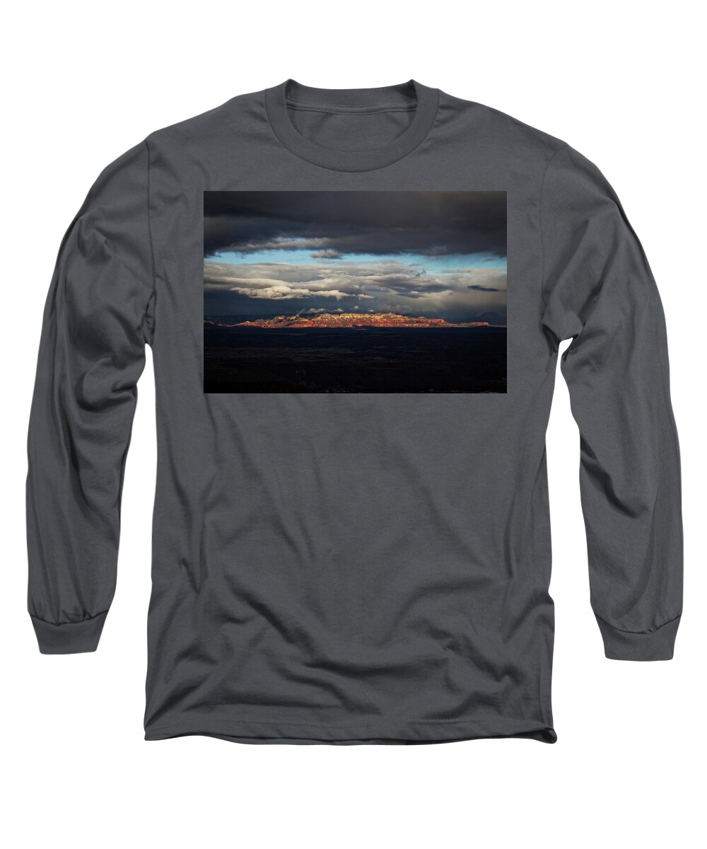 Red Rocks Long Sleeve T-Shirt featuring the photograph Late light on Red Rocks with storm clouds by Ron Chilston