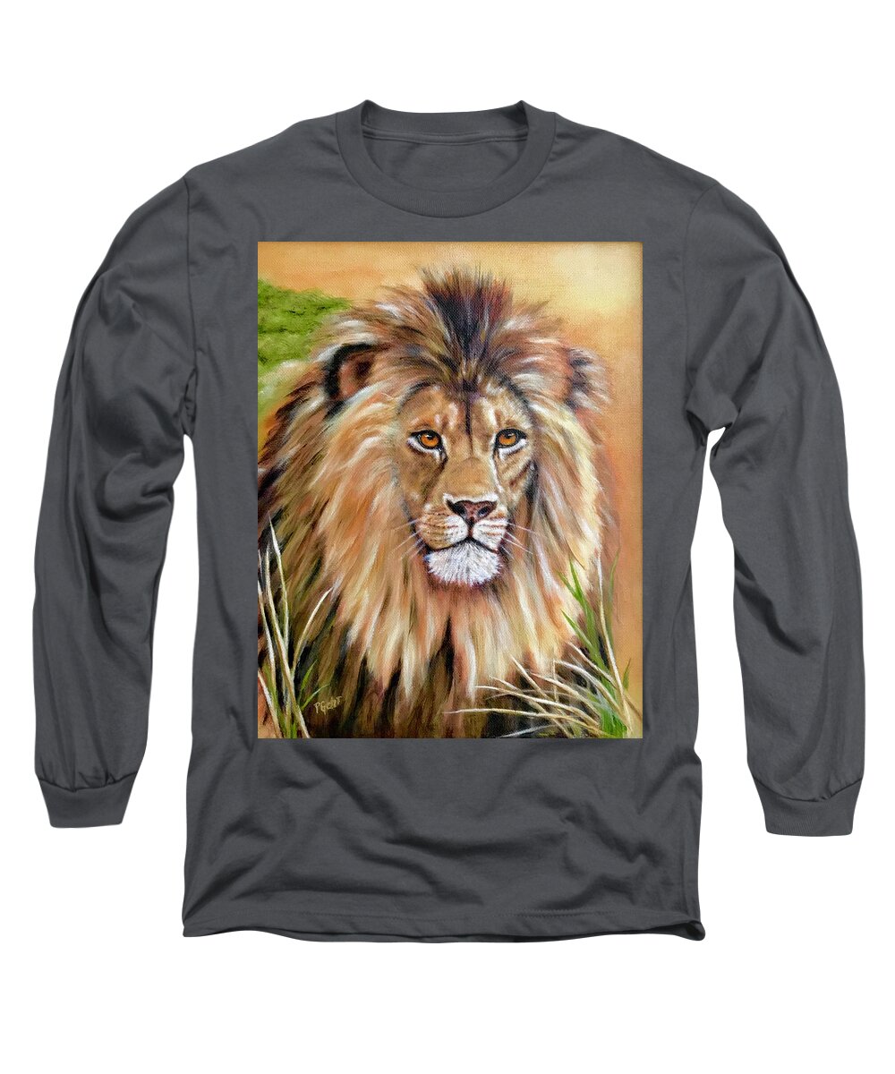 Lion Long Sleeve T-Shirt featuring the painting Le Roi-The King, Tribute to Cecil the lion  by Dr Pat Gehr