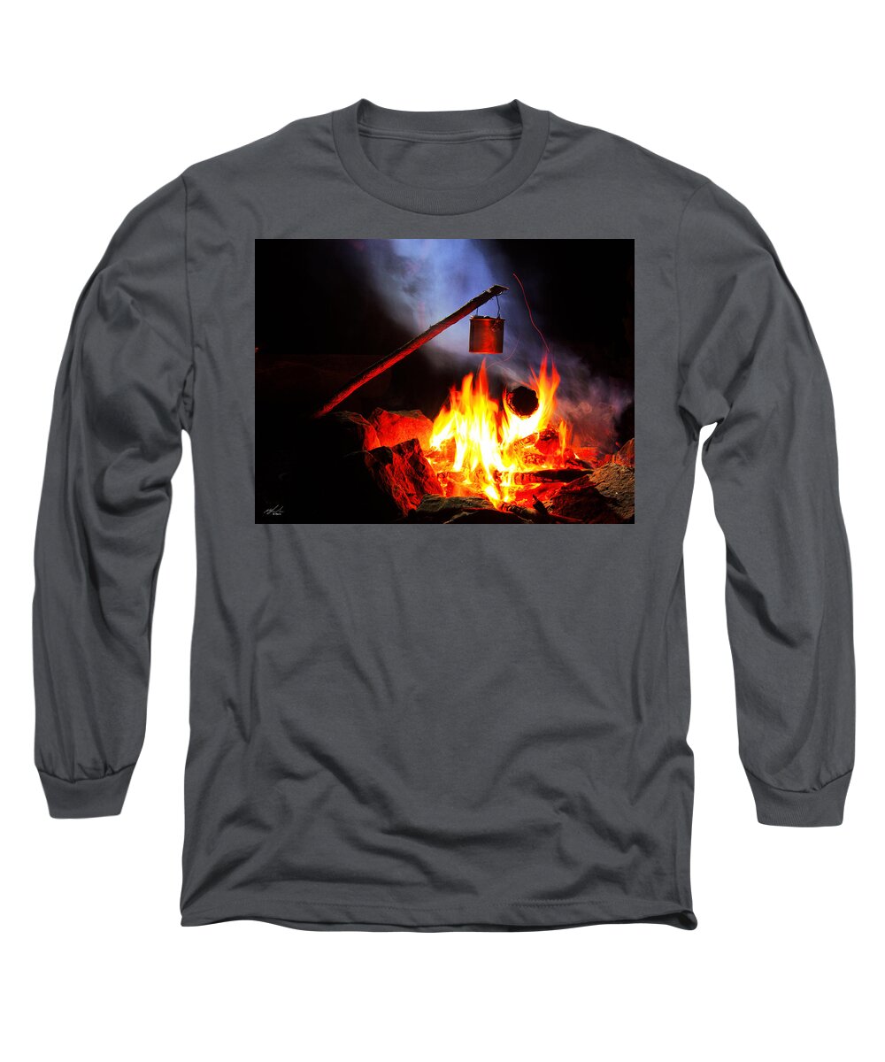 Camping Long Sleeve T-Shirt featuring the photograph Leaning Billy Can Fire by Michael Blaine