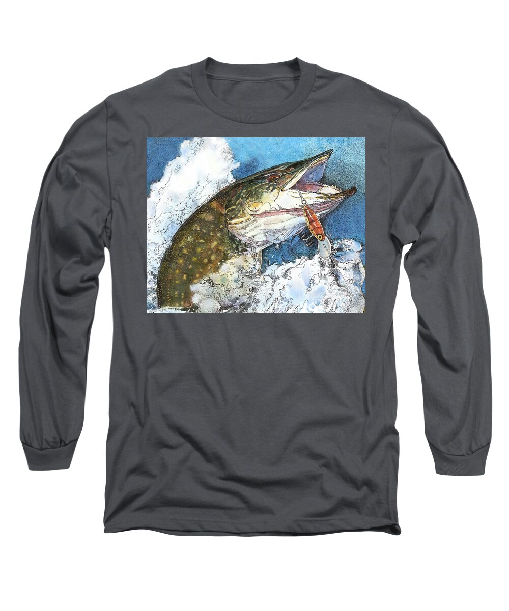 Fish Long Sleeve T-Shirt featuring the painting leaping Pike by John Dyess