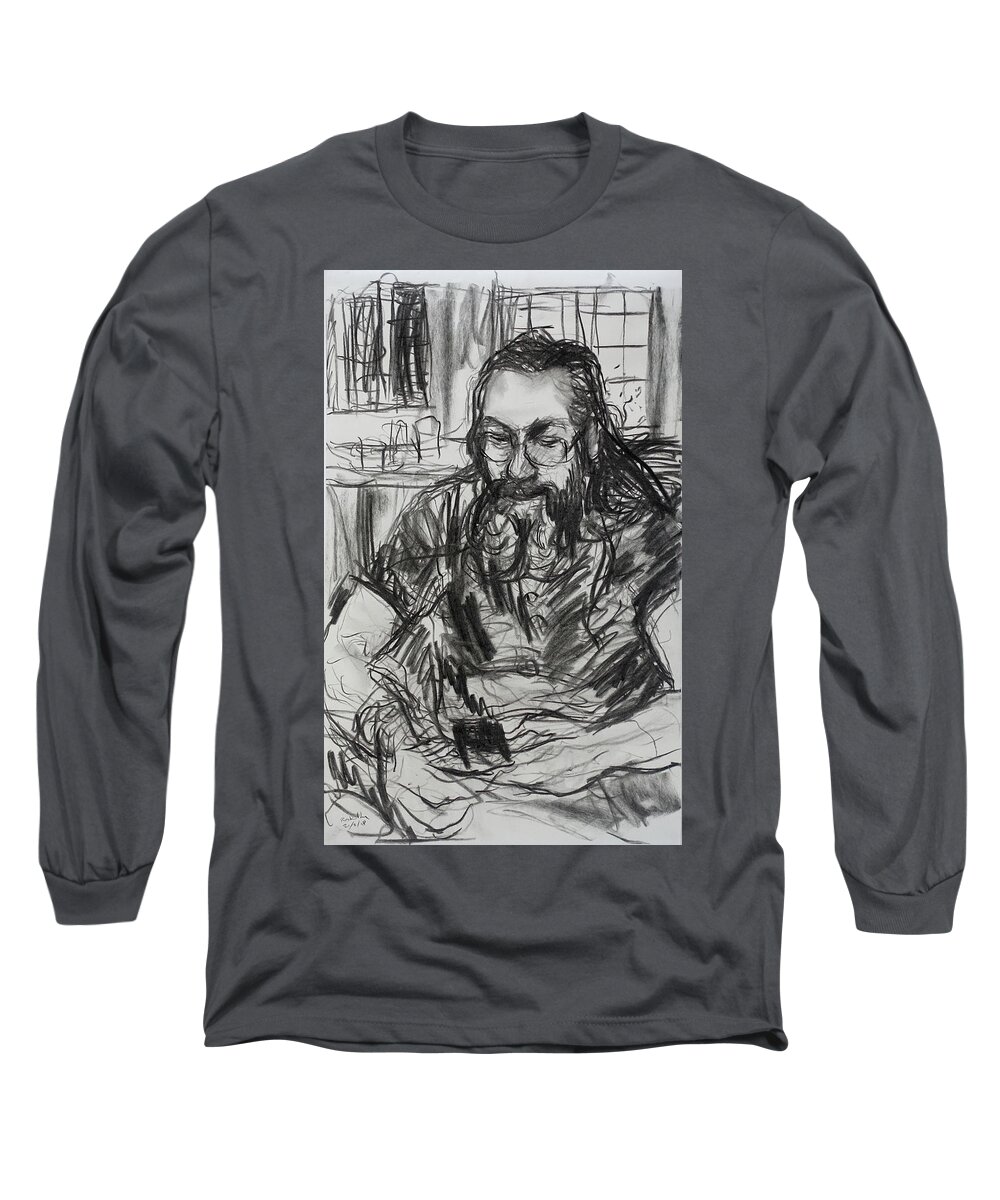 Charcoal Long Sleeve T-Shirt featuring the drawing Lee on his mobile by Peregrine Roskilly