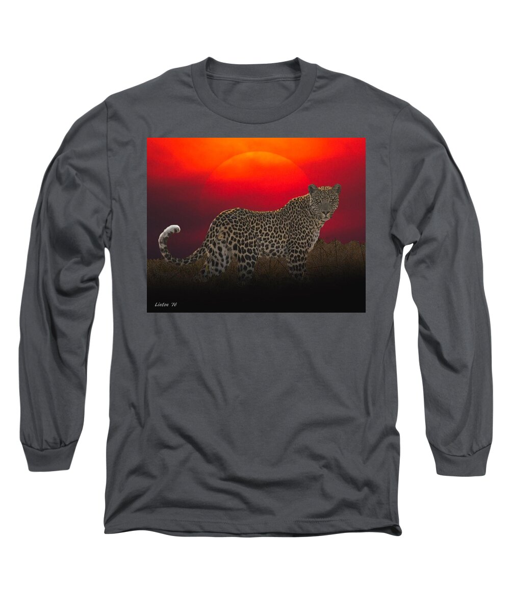 Africa Long Sleeve T-Shirt featuring the digital art Leopard At Sunset by Larry Linton
