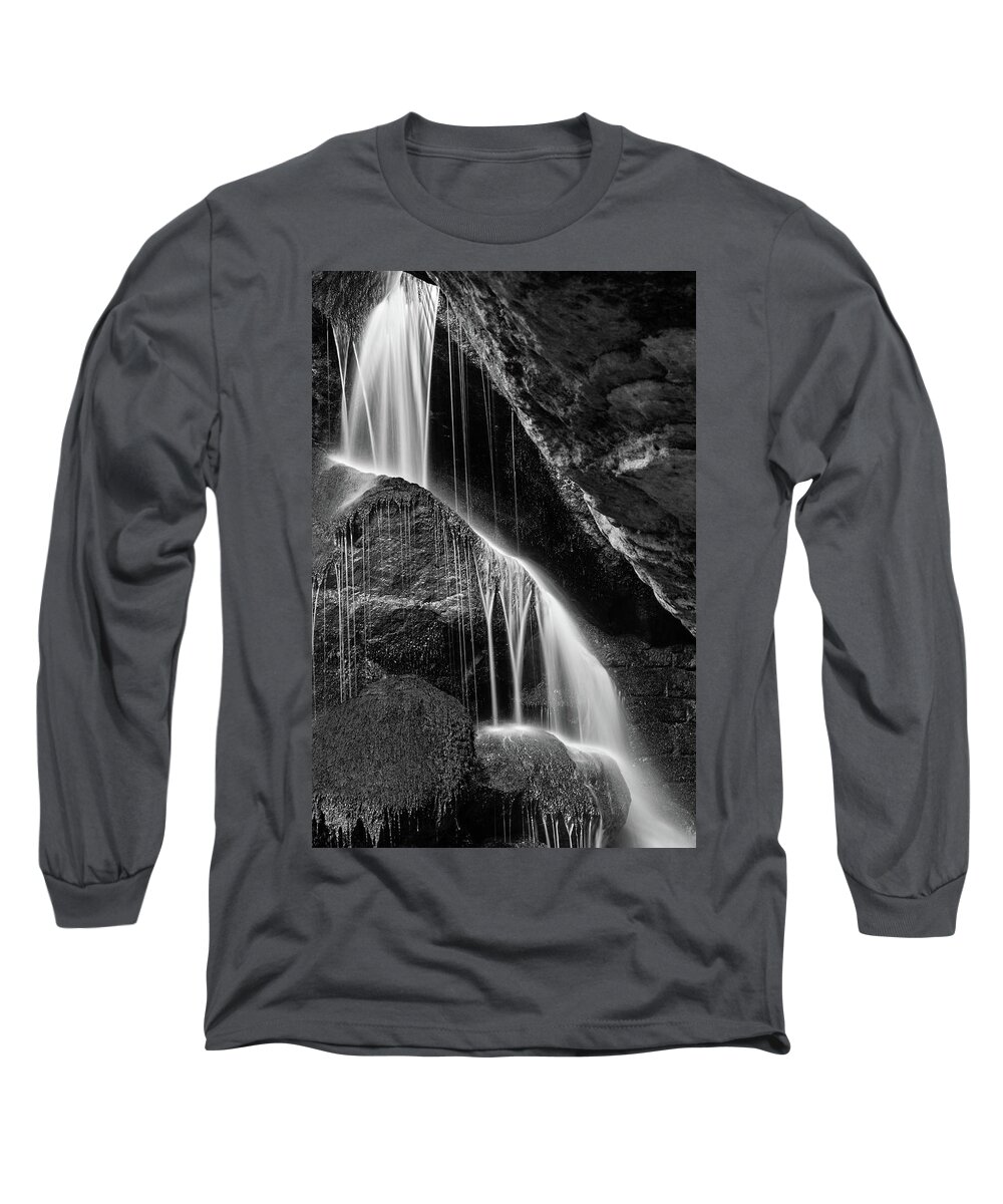 Lichtenhain Waterfall Long Sleeve T-Shirt featuring the photograph Lichtenhain Waterfall - bw version by Andreas Levi