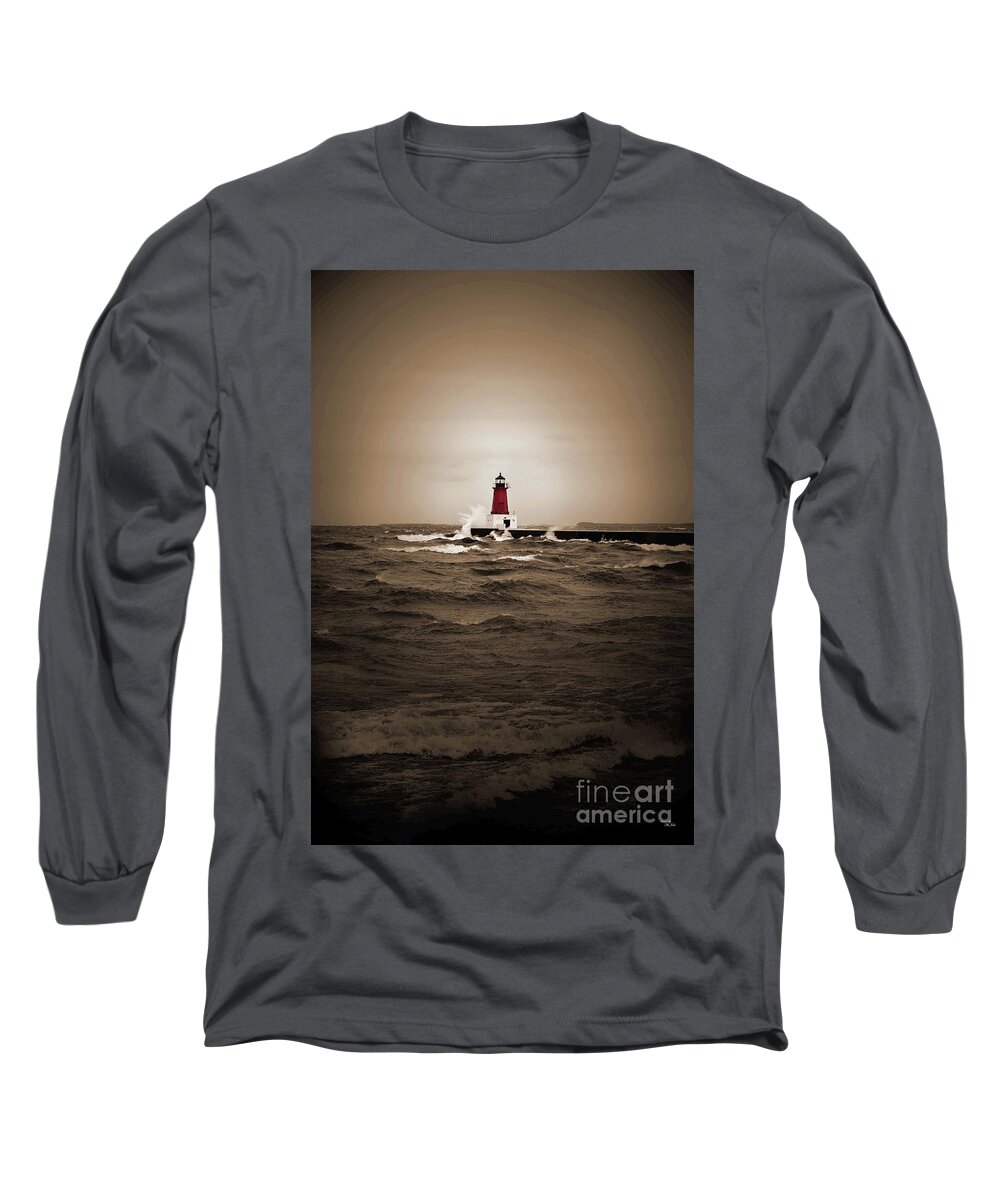 America Long Sleeve T-Shirt featuring the photograph Lighthouse Glow Sepia Spot color by Ms Judi