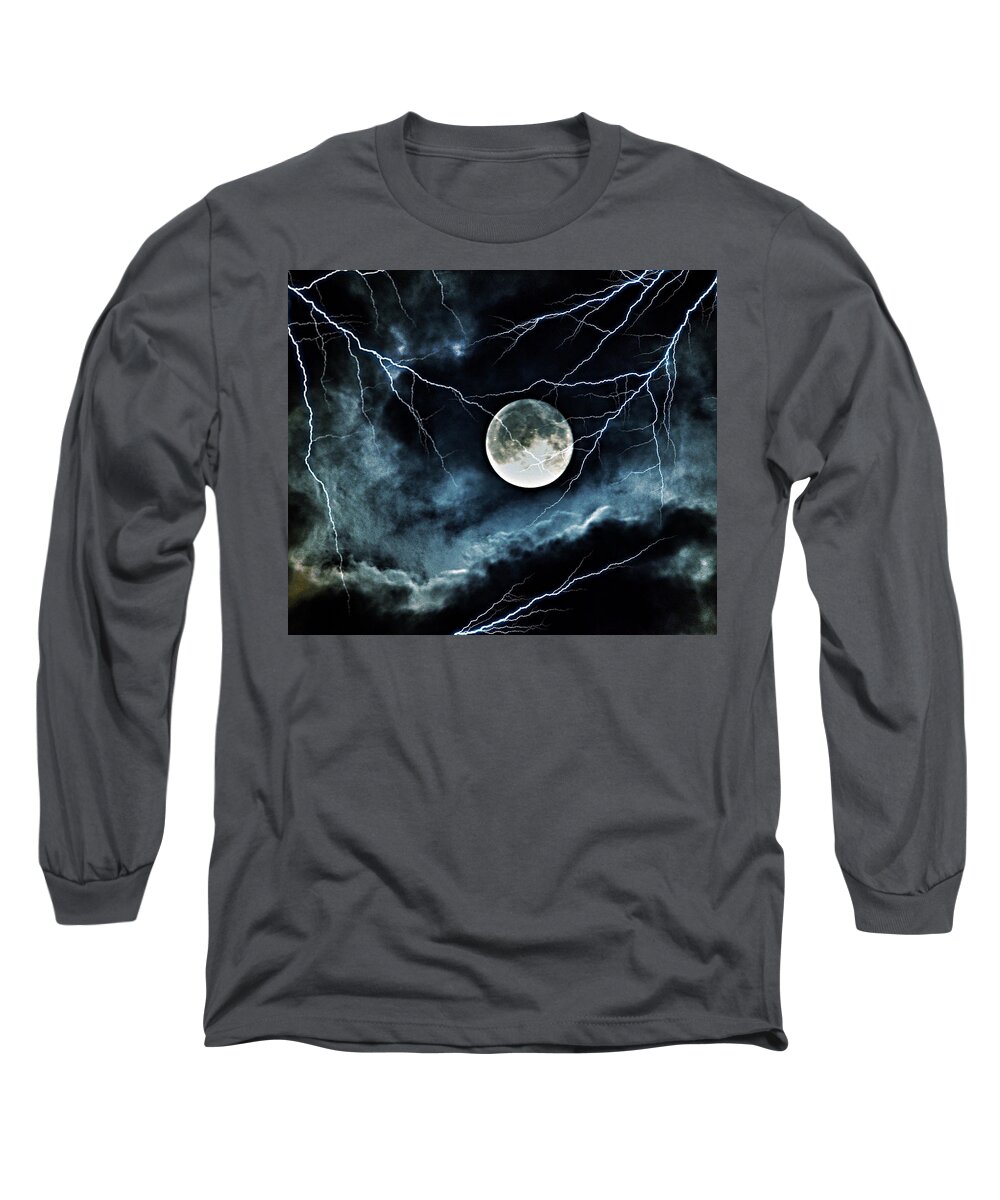 Lightning Sky At Full Moon Long Sleeve T-Shirt featuring the photograph Lightning Sky at Full Moon by Marianna Mills