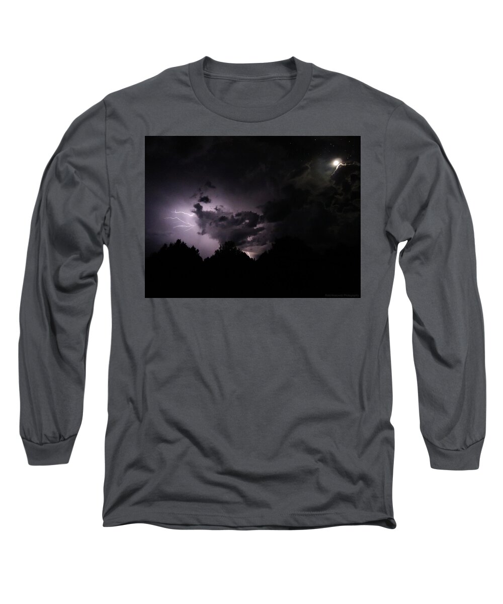 Lightning Photo Long Sleeve T-Shirt featuring the photograph Lightning with Stars and Moon by Todd Krasovetz