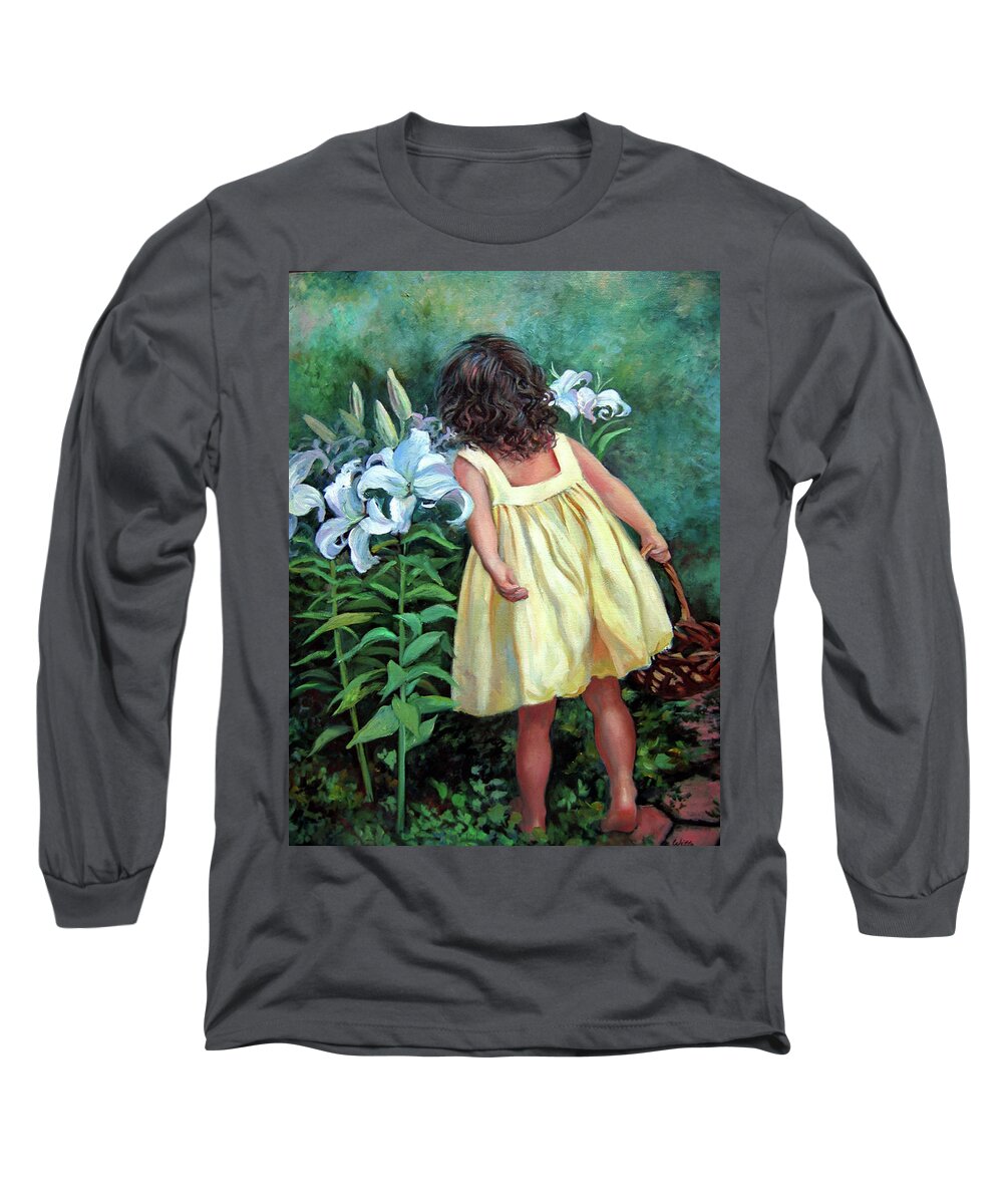 Child With Lily Long Sleeve T-Shirt featuring the painting Lily Blessings by Marie Witte