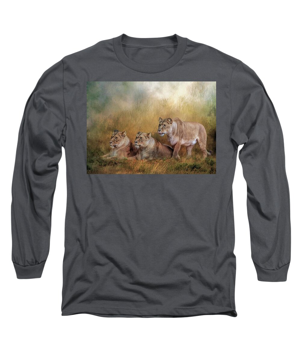 Lionesses Long Sleeve T-Shirt featuring the digital art Lionesses watching the herd by Brian Tarr