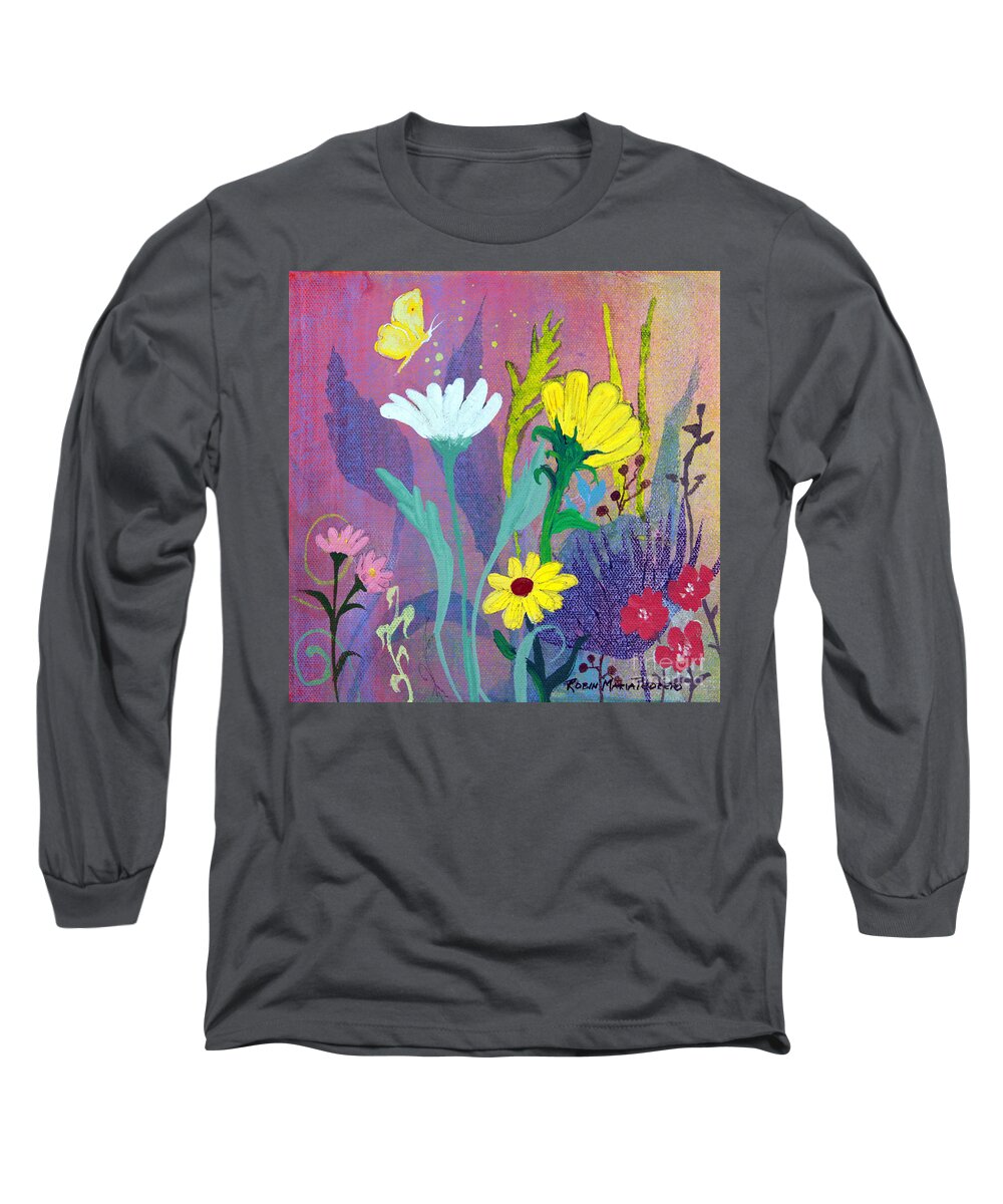 Little Yellow Butterfly With Daisies Long Sleeve T-Shirt featuring the painting Little Yellow Butterfly with Daisies by Robin Pedrero