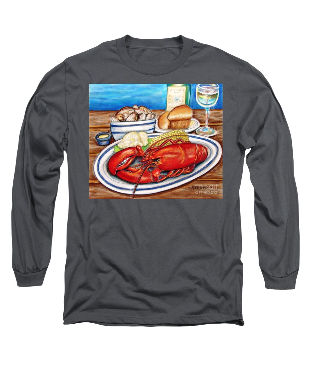 Kitchen Long Sleeve T-Shirt featuring the pastel Lobster Dinner by Pat Davidson