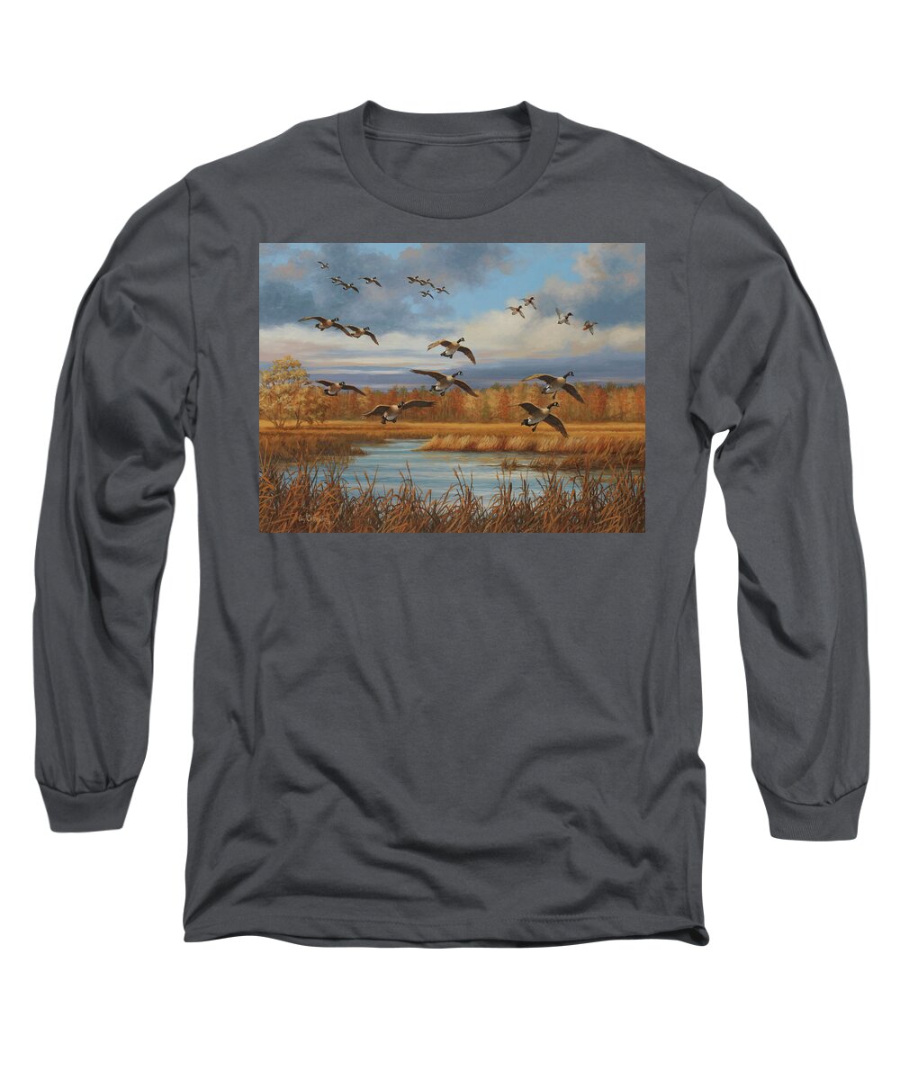 Canada Geese Long Sleeve T-Shirt featuring the painting Locked Up by Guy Crittenden