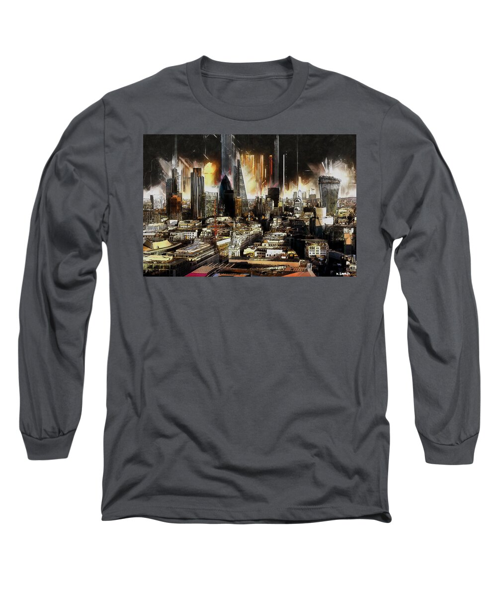 Landscape Long Sleeve T-Shirt featuring the painting London Skyline by Kai Saarto