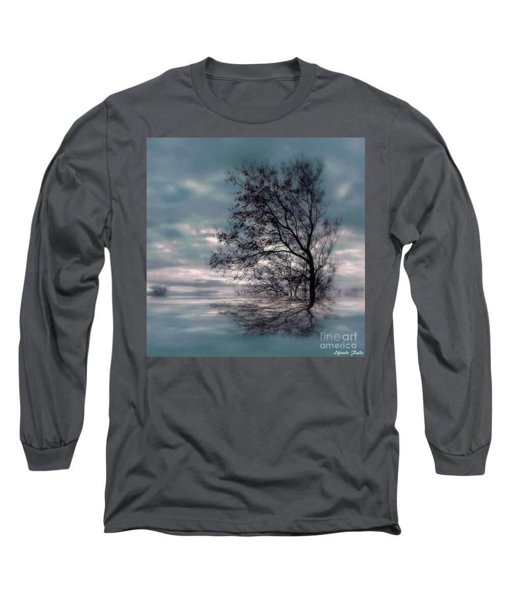 Lone Tree Reflection Sky Turquoise Blue Lake Bush Long Sleeve T-Shirt featuring the mixed media Lone Tree by Elfriede Fulda