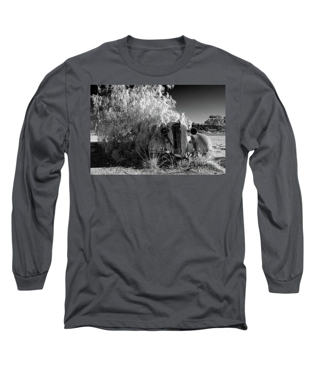 Broken Hill Nsw New South Wales Australian Old Car Pepper Tree Monochrome Mono B&w Black And White Long Sleeve T-Shirt featuring the photograph Long Term Parking by Bill Robinson