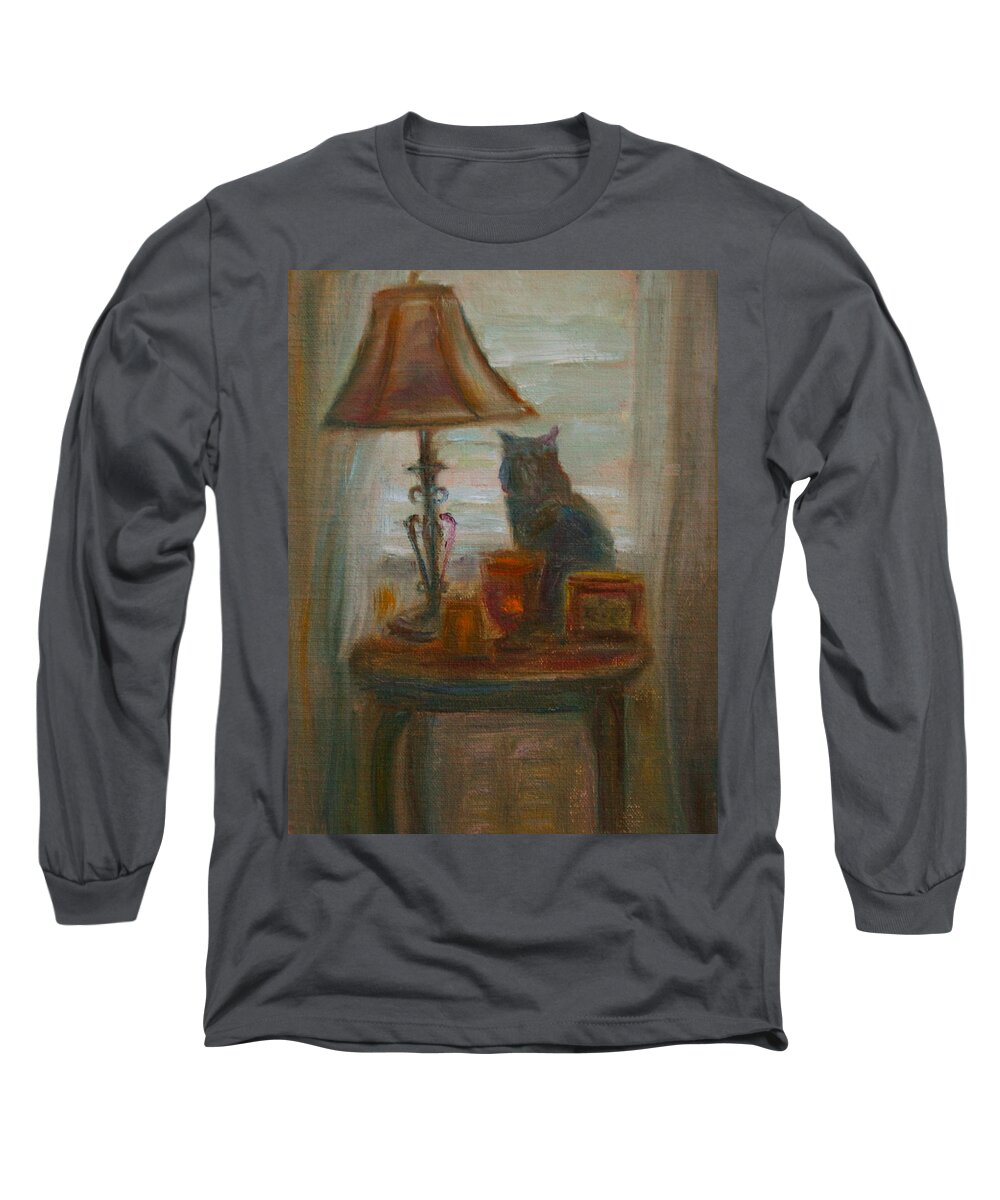 Cat Long Sleeve T-Shirt featuring the painting Longing- a Not-So-Stillife by Quin Sweetman