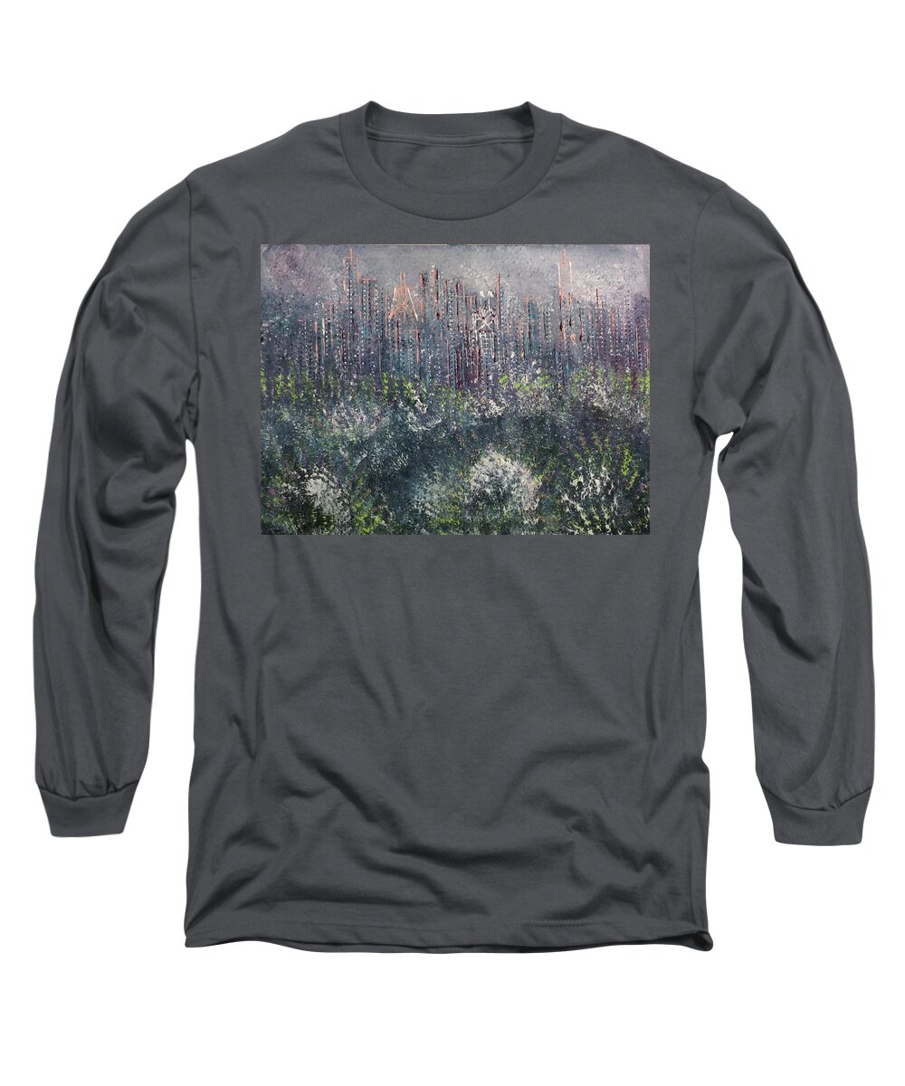 Abstract Long Sleeve T-Shirt featuring the painting Looking Over the City's Park by George Riney
