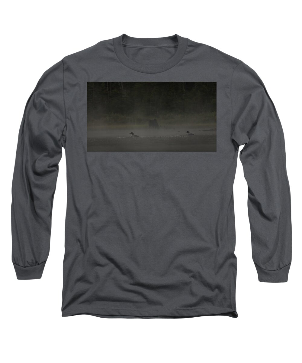 Long Pond Long Sleeve T-Shirt featuring the photograph Loon and Moose in the mist by Benjamin Dahl