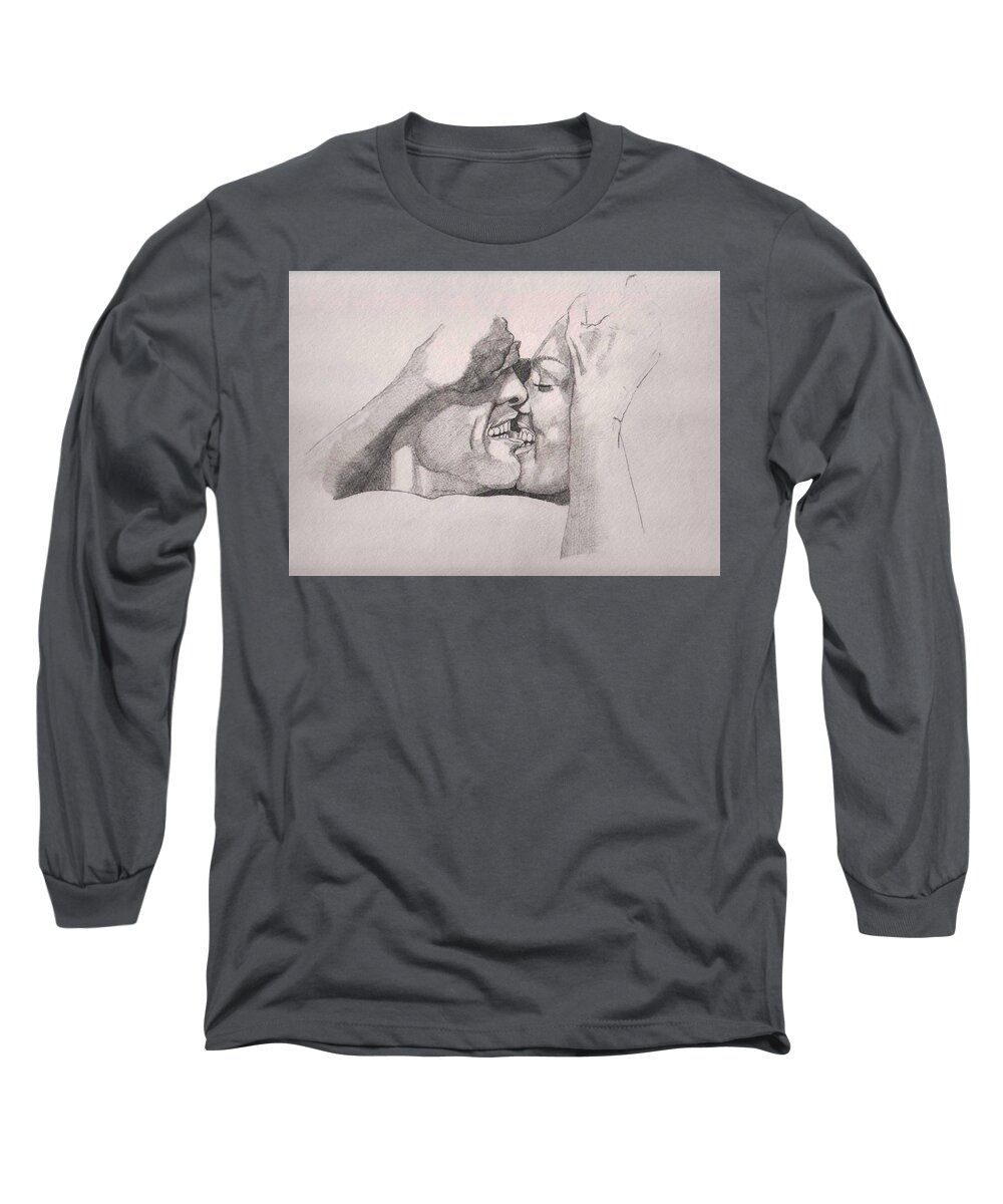 Kiss Long Sleeve T-Shirt featuring the painting Love at first bite by Ray Agius