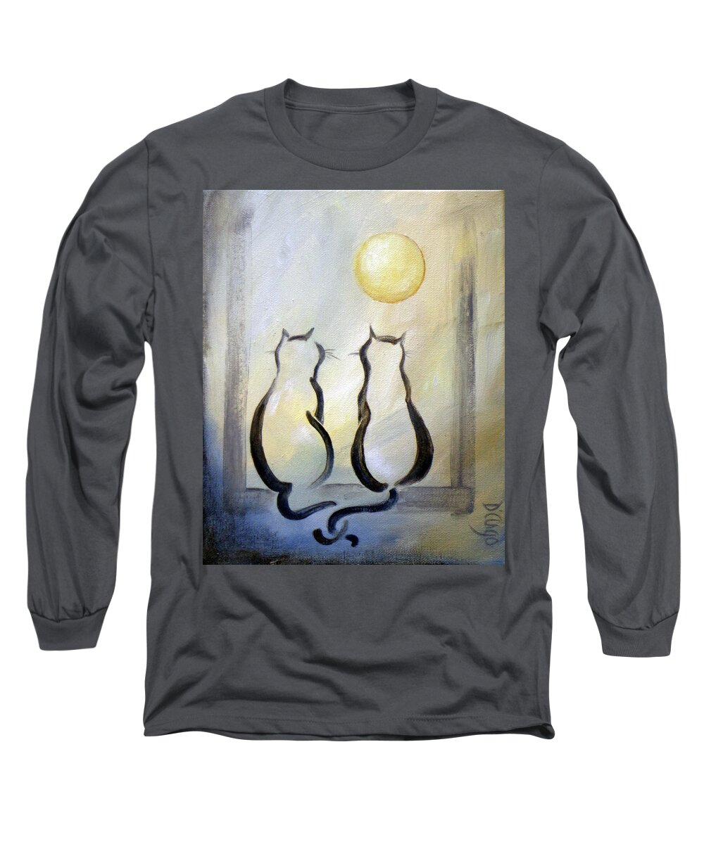 Cat Long Sleeve T-Shirt featuring the painting Love Moon Cats by Dina Dargo