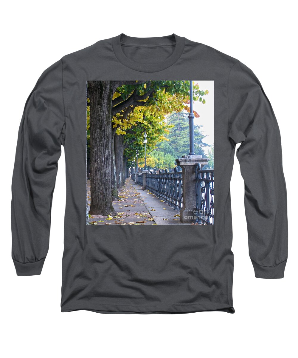 Switzerland Lugano Sidewalk Fall Leaves Long Sleeve T-Shirt featuring the photograph Lugano in the Fall by Suzanne Oesterling