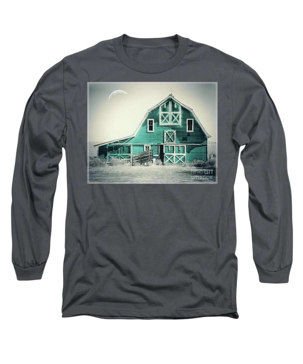 Barn Long Sleeve T-Shirt featuring the painting Luna Barn Teal by Mindy Sommers