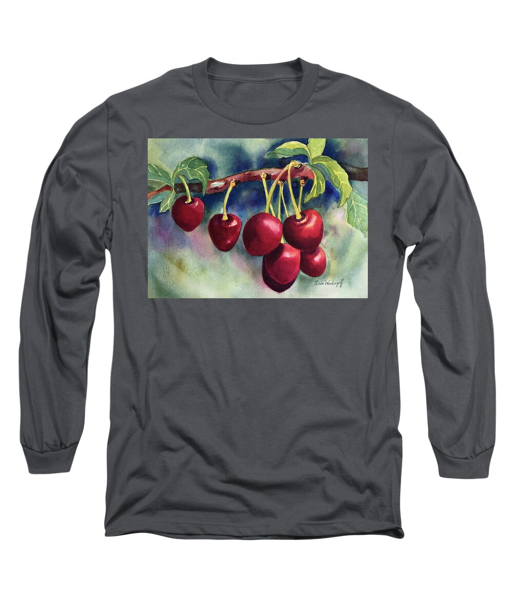 Cherry Long Sleeve T-Shirt featuring the painting Luscious Cherries by Hilda Vandergriff