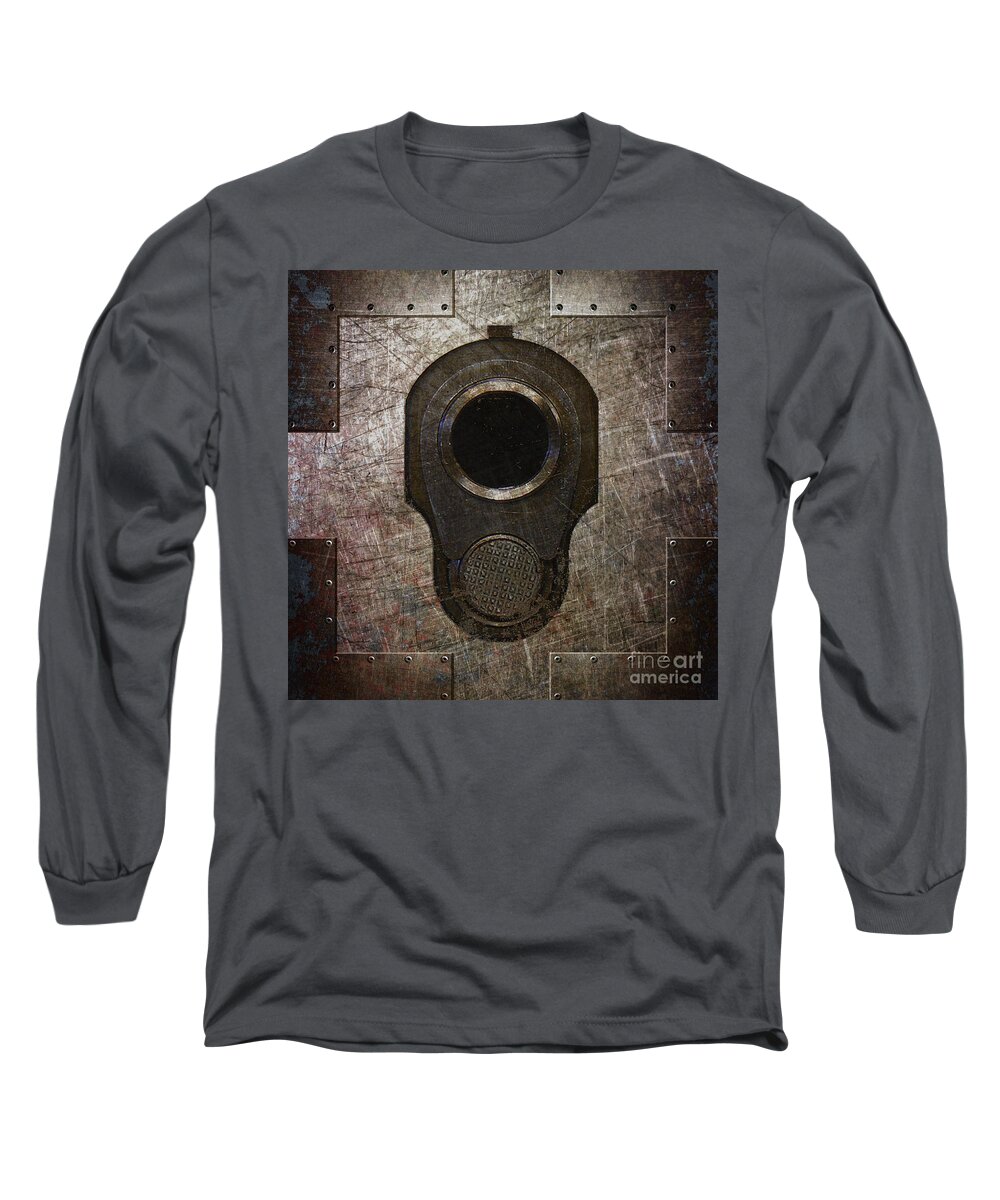 Colt 45 Long Sleeve T-Shirt featuring the digital art M1911 Muzzle on Rusted Riveted Metal Dark by Fred Ber