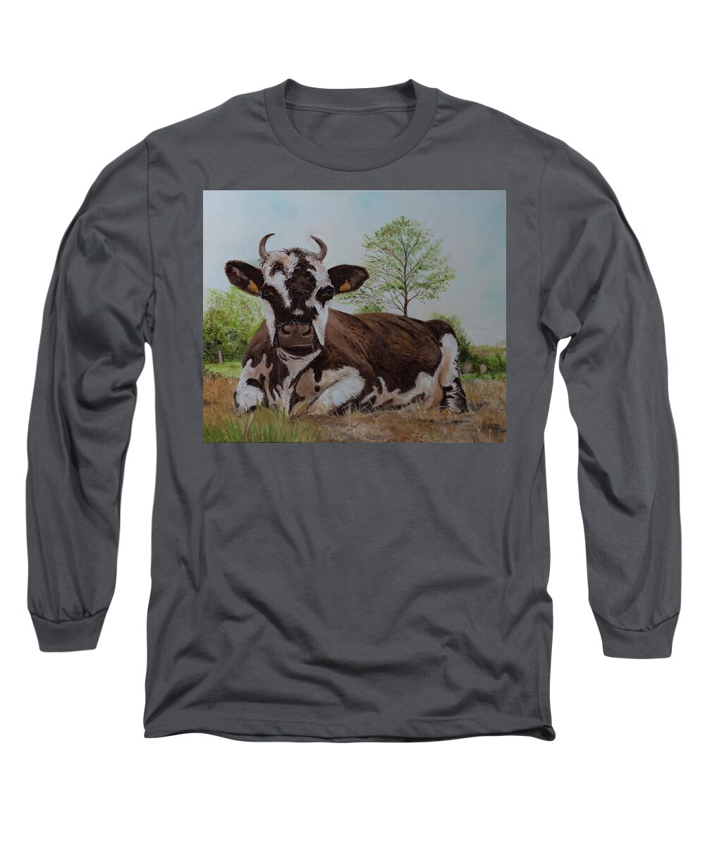 Cow In French Long Sleeve T-Shirt featuring the painting Madame Vache by Kathy Knopp