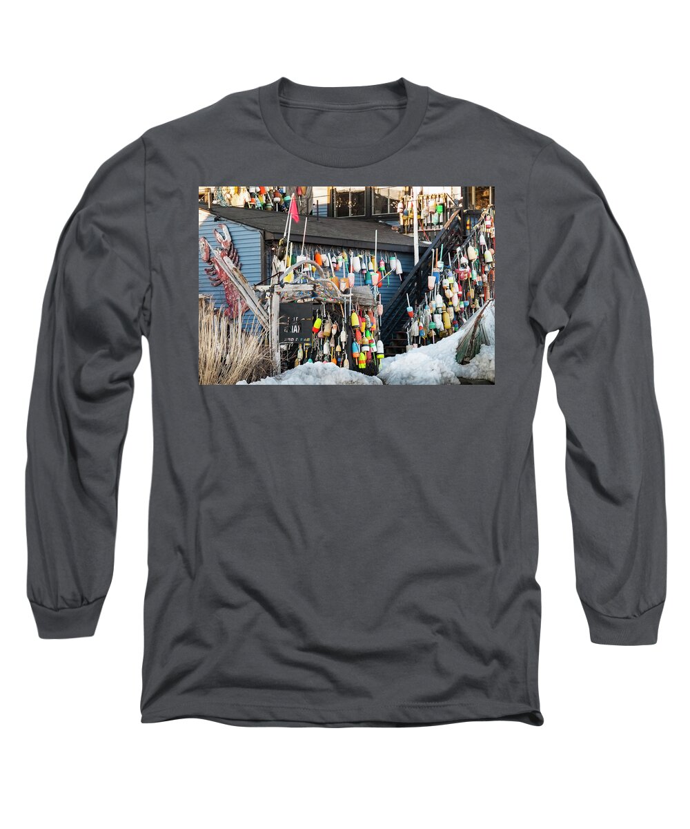Maine Long Sleeve T-Shirt featuring the photograph Maine Lobster Shack in Winter by Ranjay Mitra