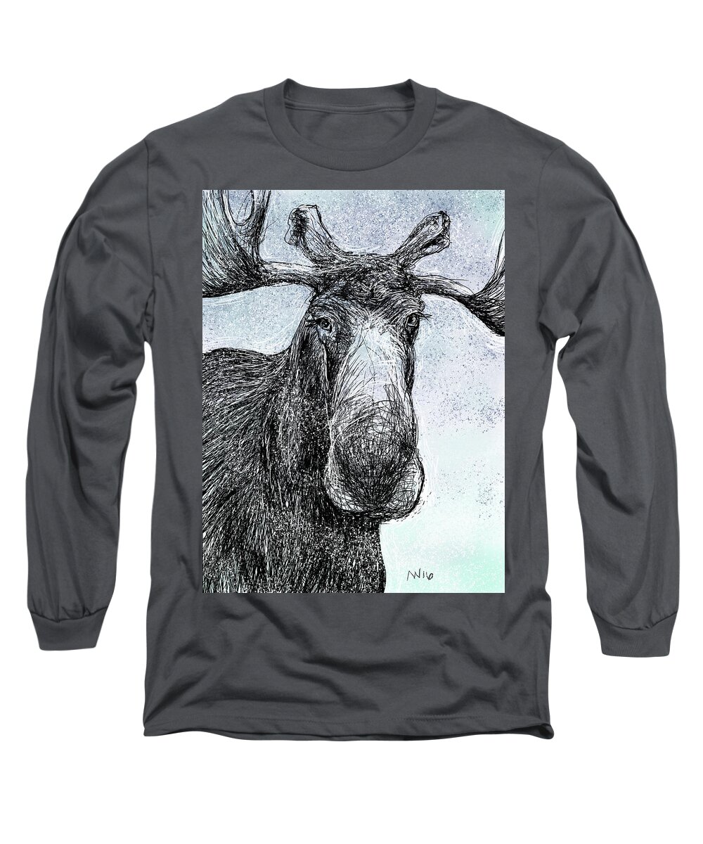Moose Long Sleeve T-Shirt featuring the digital art Maine Moose by AnneMarie Welsh