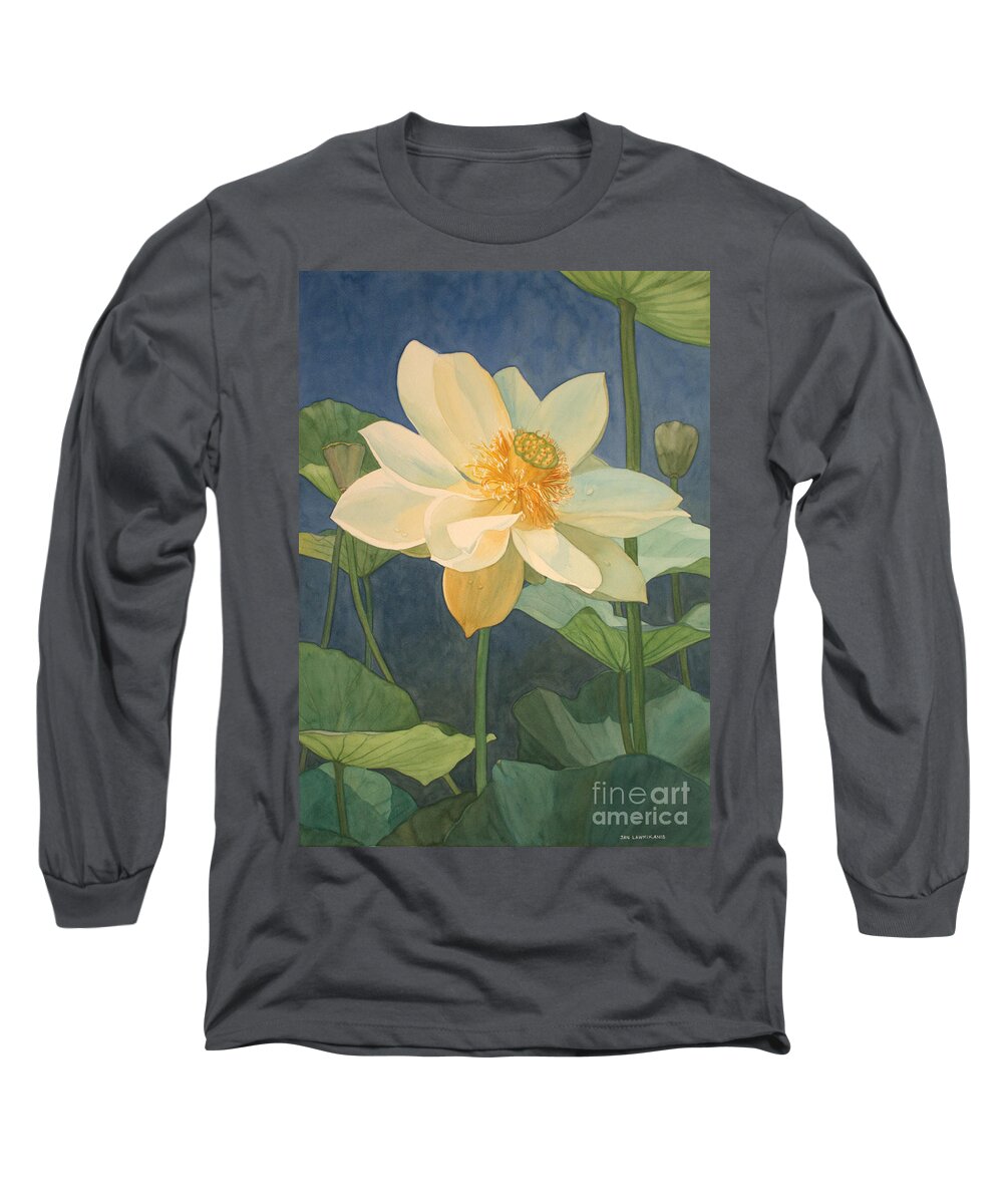 Flowers Long Sleeve T-Shirt featuring the painting Majestic Lotus by Jan Lawnikanis