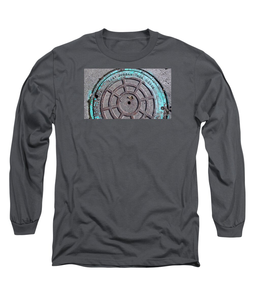 Manhole Cover Long Sleeve T-Shirt featuring the photograph Manhole cover with turquoise by Sandra Church