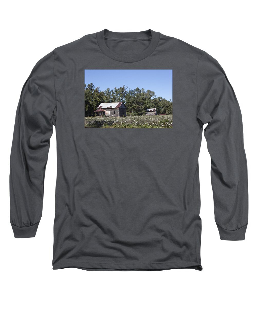 Photograph Long Sleeve T-Shirt featuring the photograph Manning Cotton Field with Barns by Suzanne Gaff