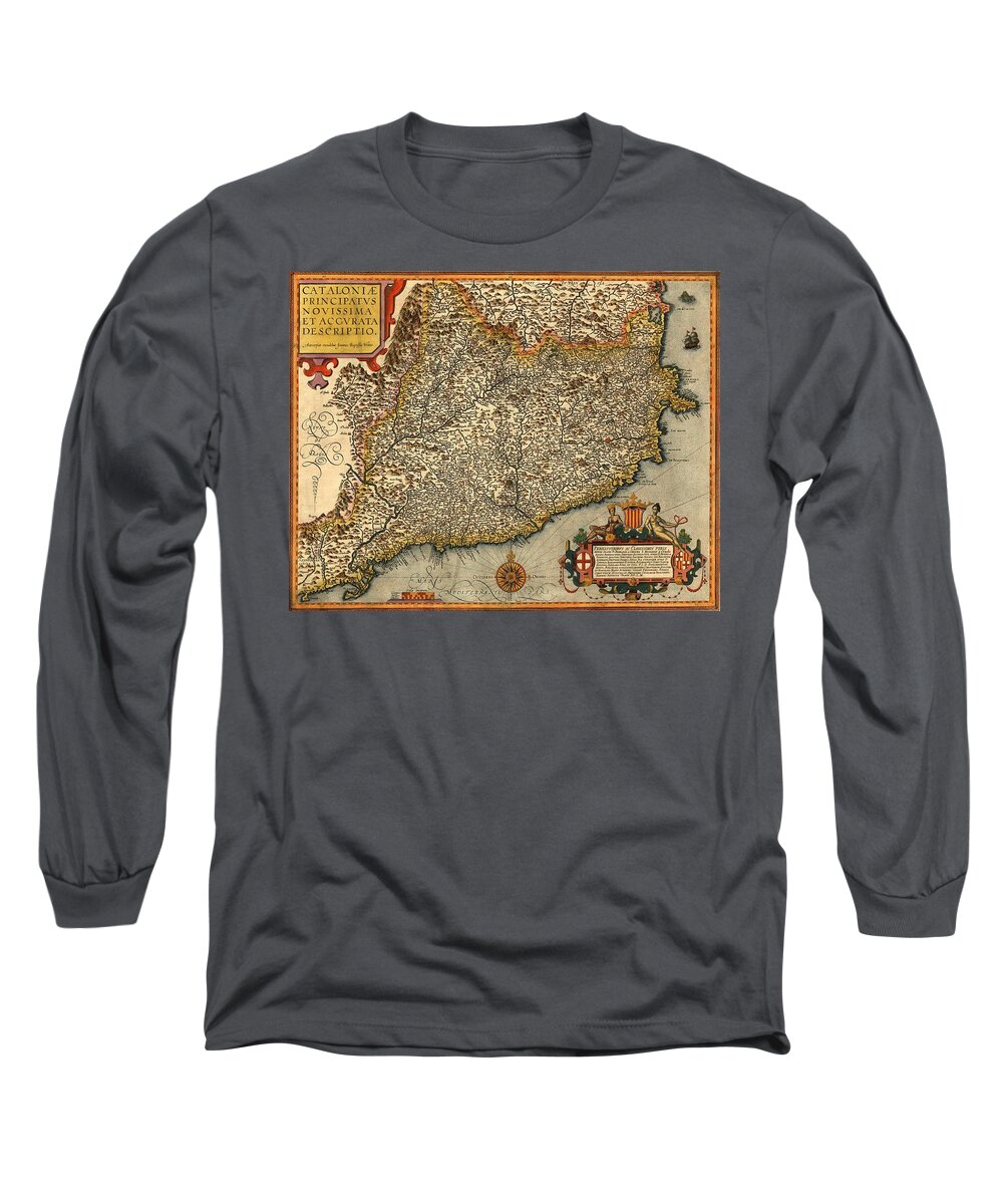 Map Of Catalonia Long Sleeve T-Shirt featuring the photograph Map Of Catalonia 1608 by Andrew Fare