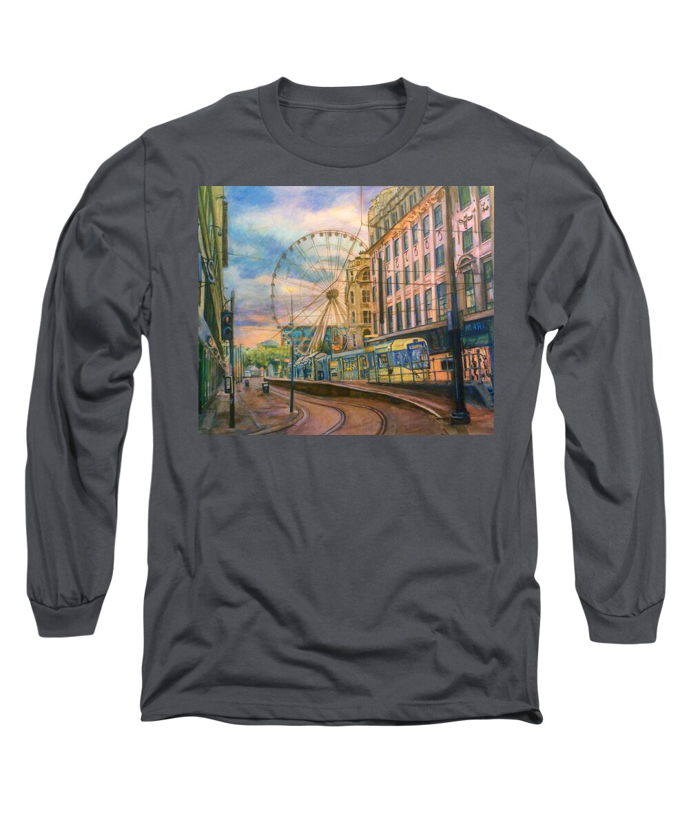 Manchester. Market Street Long Sleeve T-Shirt featuring the painting Market Street Metrolink Tramstop With The Manchester Wheel by Rosanne Gartner