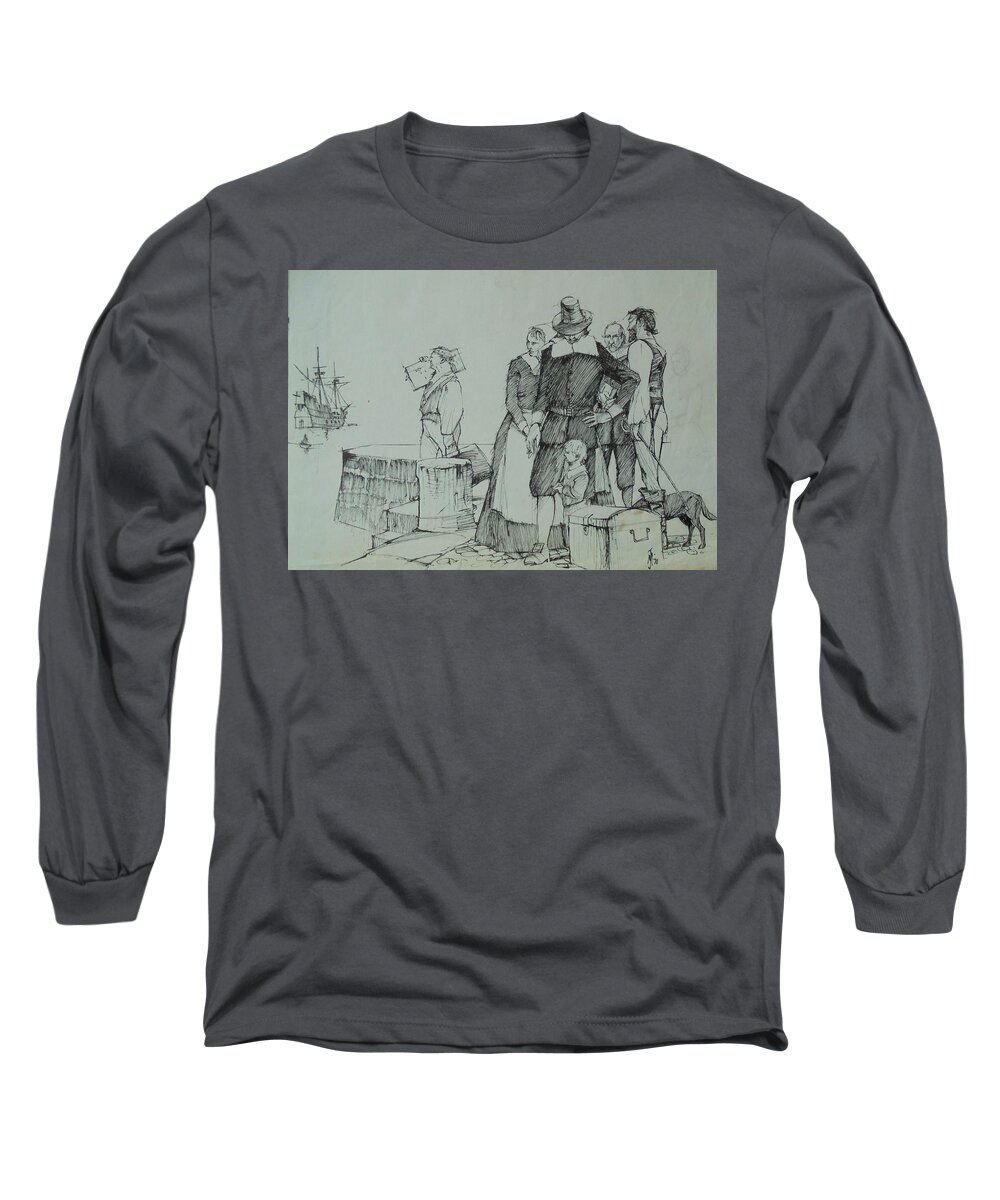 Drawing Long Sleeve T-Shirt featuring the drawing Mayflower departure. by Mike Jeffries