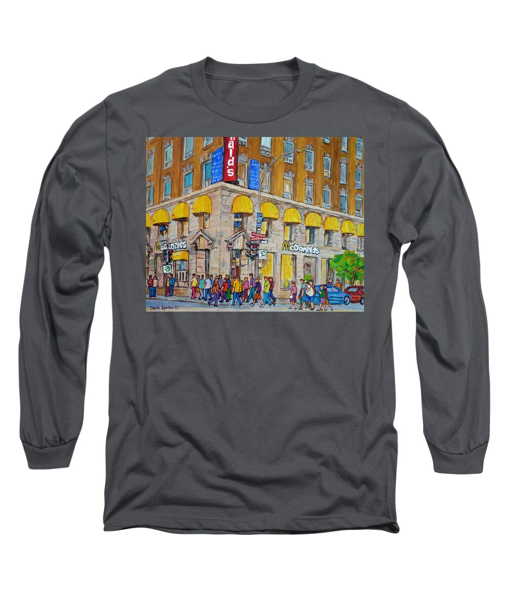 Montreal Long Sleeve T-Shirt featuring the painting Mcdonald Restaurant Old Montreal by Carole Spandau