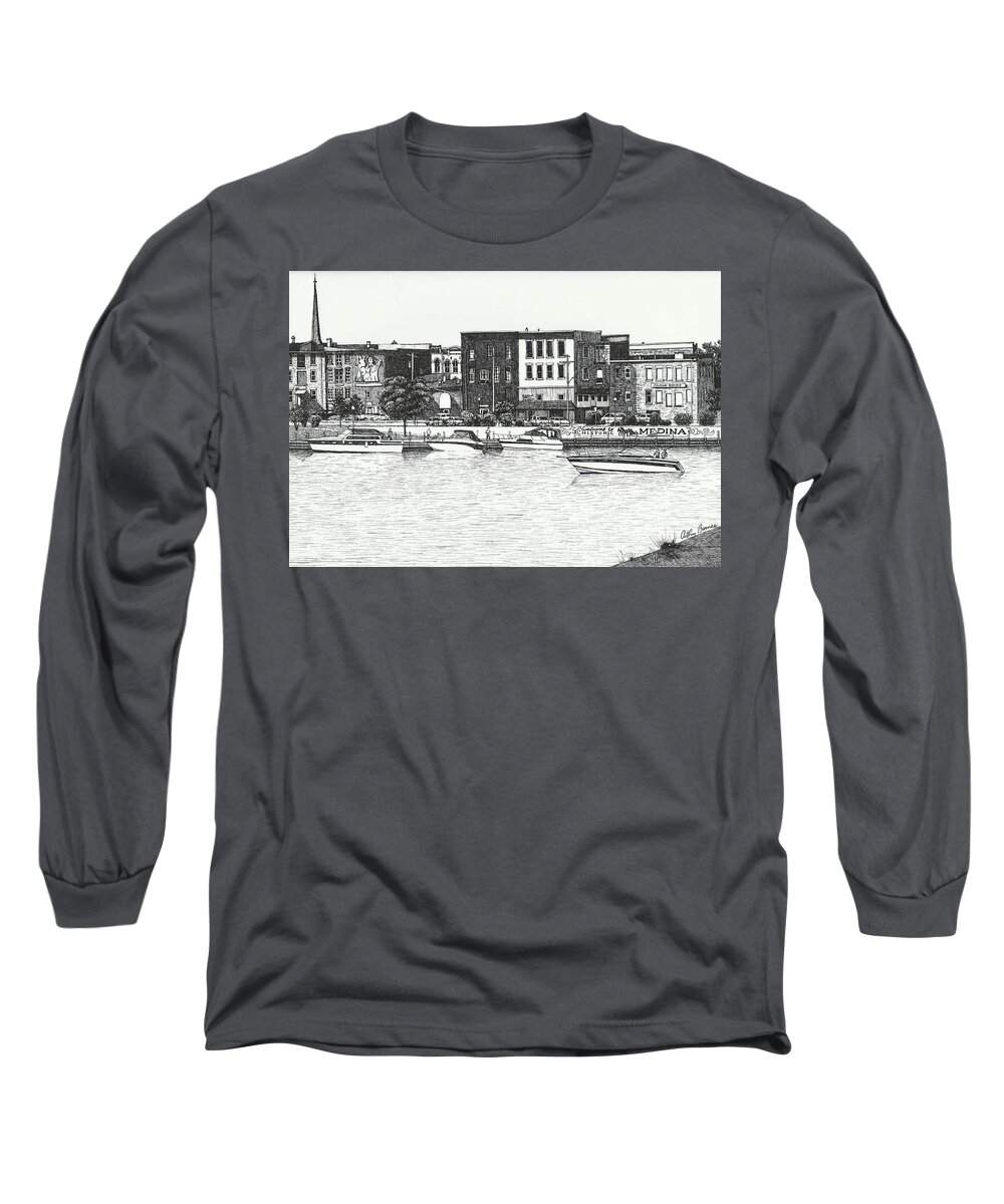 Medina Long Sleeve T-Shirt featuring the drawing Medina New York by Arthur Barnes