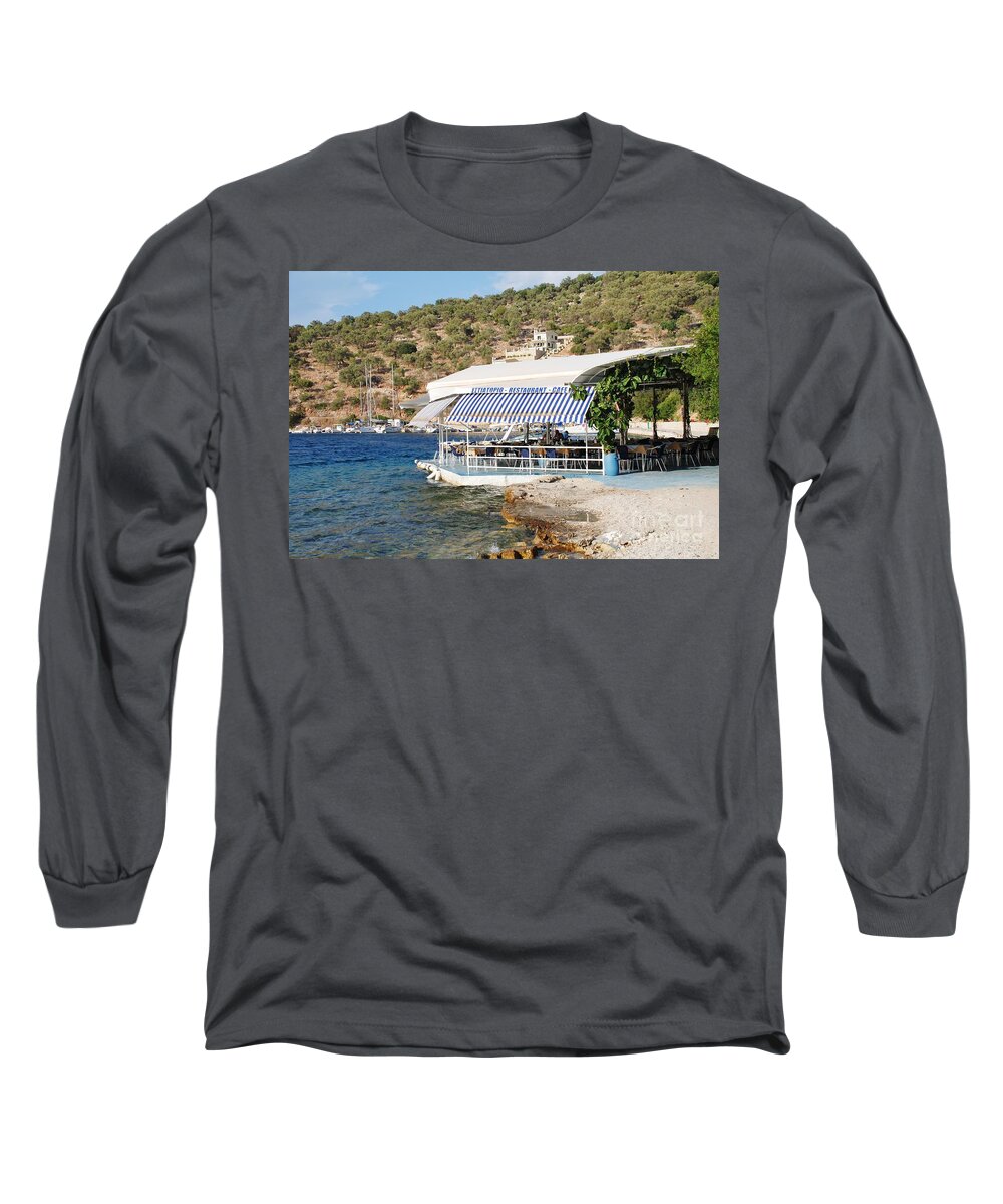 Meganissi Long Sleeve T-Shirt featuring the photograph Meganissi beach taverna by David Fowler