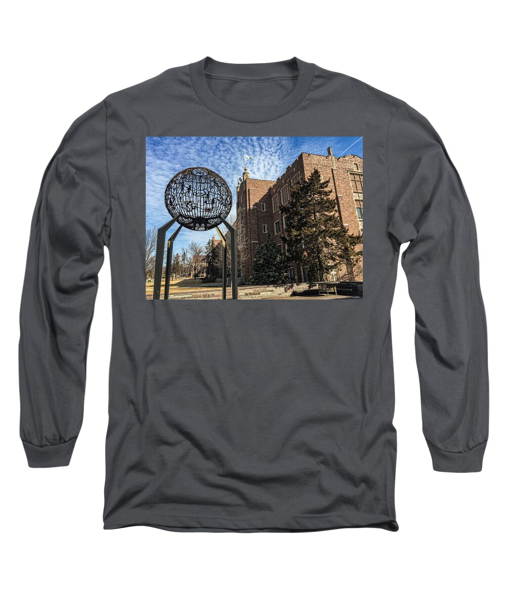 North Dakota Long Sleeve T-Shirt featuring the photograph Merrifield Hall and Old Main Monument by Tom Gort