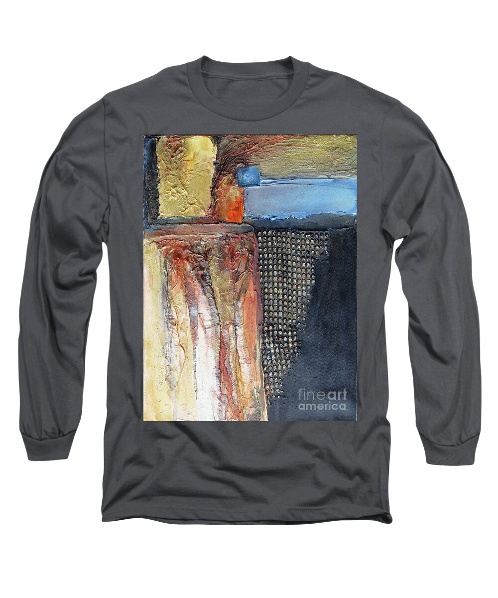Mixed Media Long Sleeve T-Shirt featuring the mixed media Metallic Fall with Blue by Phyllis Howard