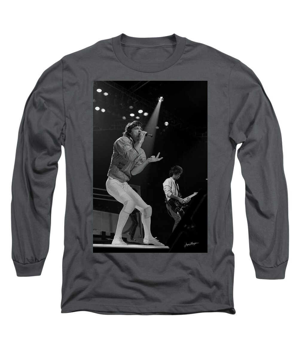 Mick Jagger Long Sleeve T-Shirt featuring the photograph Mick Jagger and Keith Richards on Stage by Jurgen Lorenzen