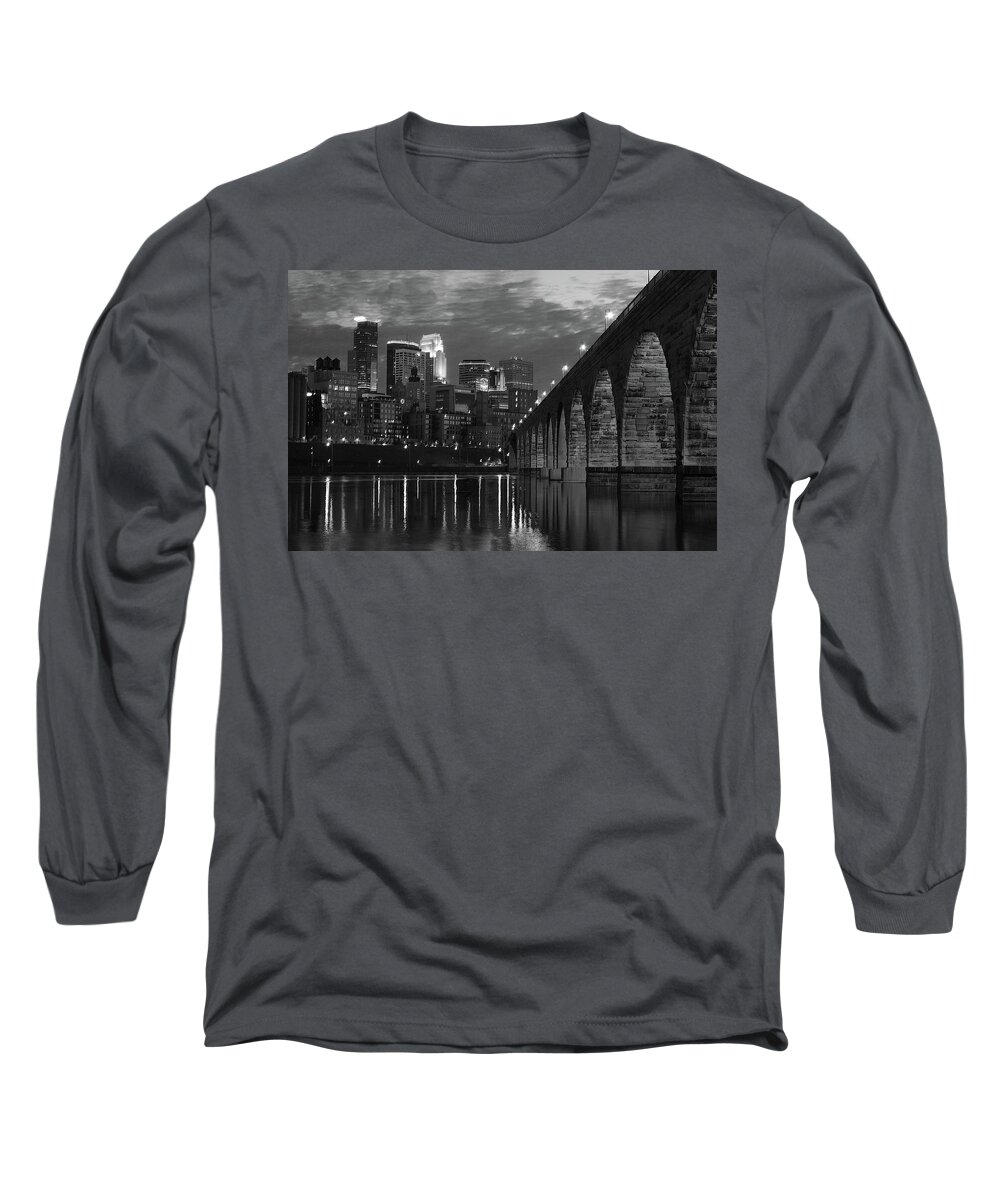 Minneapolis Skyline Long Sleeve T-Shirt featuring the photograph Minneapolis Stone Arch Bridge BW by Wayne Moran